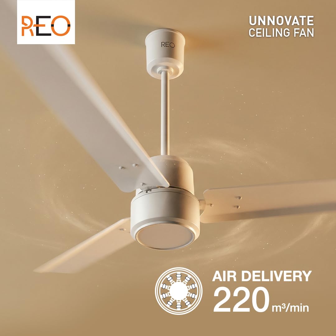 REO By UNNOVATE BLDC 1200MM 5 Star Rated Ceiling Fan| Air Flow: 220 CMM| Speed: 350 RPM|Watt: 33W| Reverse Rotation Mode| Timer Setting| 2 Yr Door Step Warranty By Manufacturer (Elegant White)