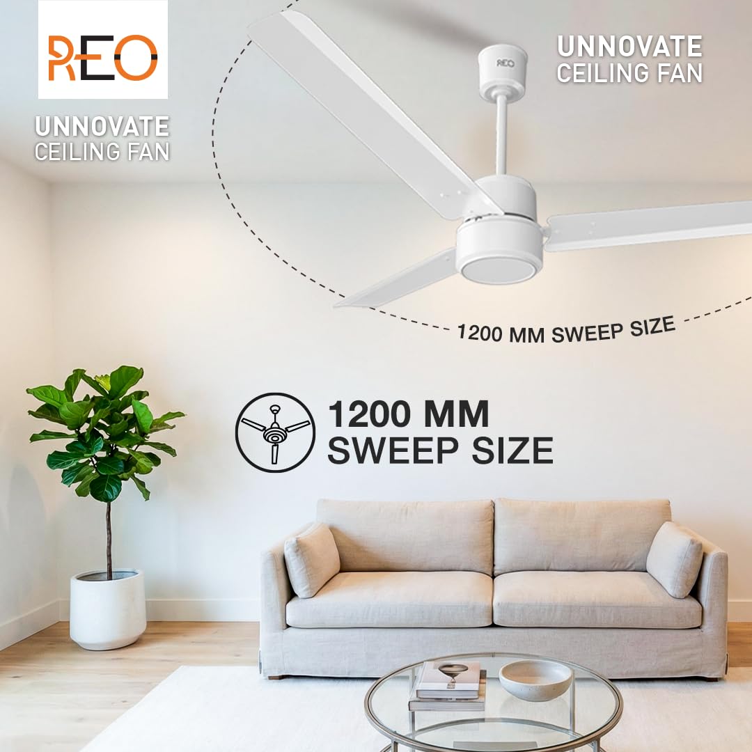 REO By UNNOVATE BLDC 1200MM 5 Star Rated Ceiling Fan| Air Flow: 220 CMM| Speed: 350 RPM|Watt: 33W| Reverse Rotation Mode| Timer Setting| 2 Yr Door Step Warranty By Manufacturer (Elegant White)