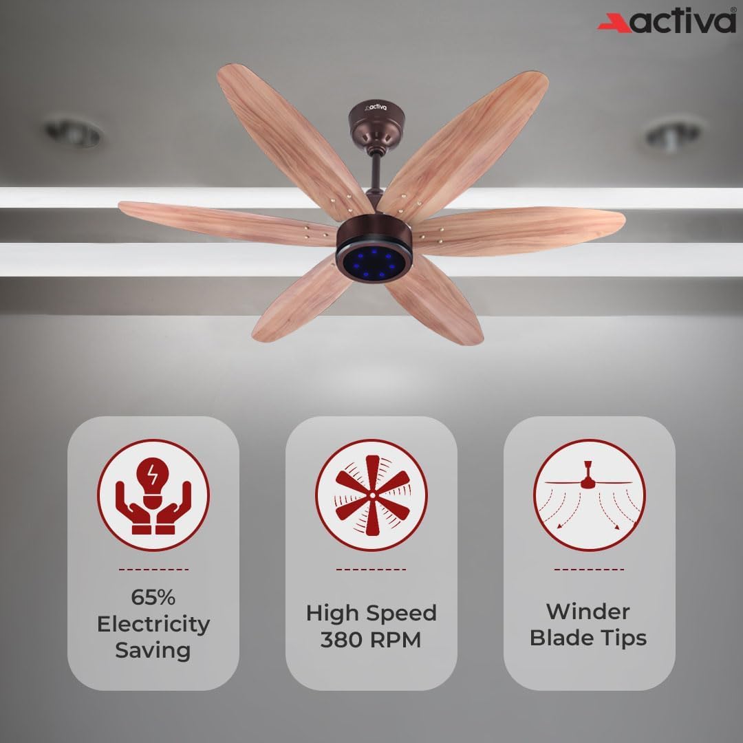 ACTIVA JETTA 1200MM BLDC Ceiling Fan with 28W, 6 Wooden-Finish Blades, 7 LED Lights, Remote, Noiseless, BEE 5-Star Rated, Energy Efficient, 5 Years Warranty (Rose Wood)