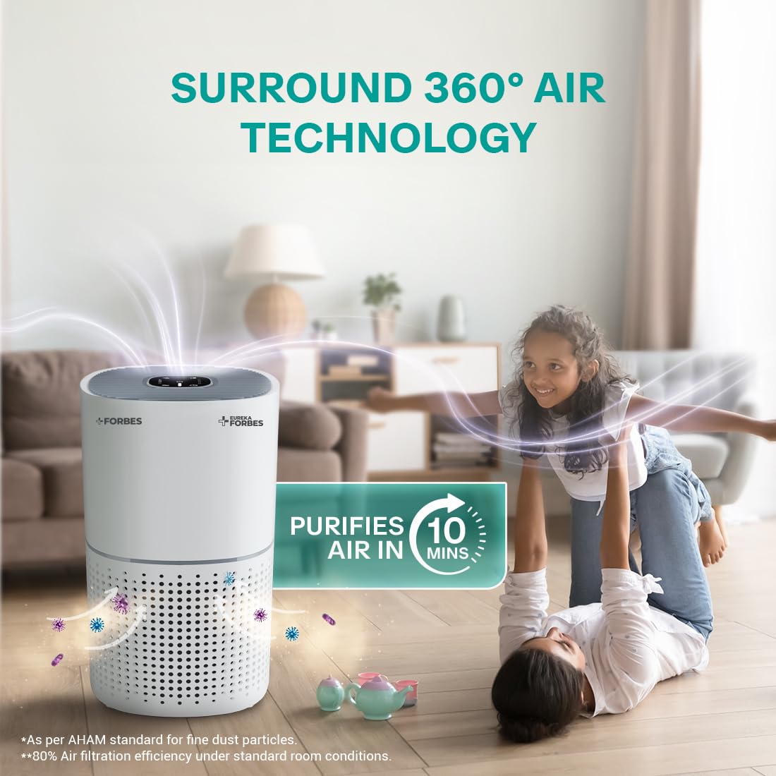 Eureka Forbes 270 Air Purifier for Home |True HEPA H13 Filter & Real-time AQI Indicator |1.5-2 Yrs Filter Life* | Removes 99.97% PM2.5, Dust, Allergens, Bacteria & Pollen | Covers up to 365 Sq.Ft