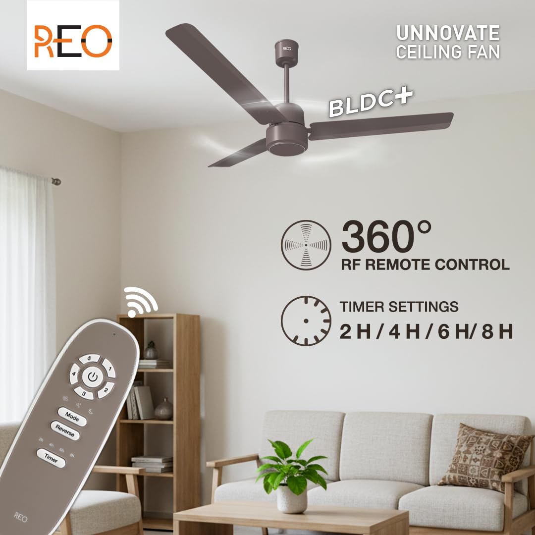 REO By UNNOVATE BLDC 1200MM 5 Star Rated Ceiling Fan| Air Flow: 220 CMM| Speed: 350 RPM|Watt: 33W| Reverse Rotation Mode| Timer Setting| 2 Year Door Step Warranty By Manufacturer (Cocoa Brown)