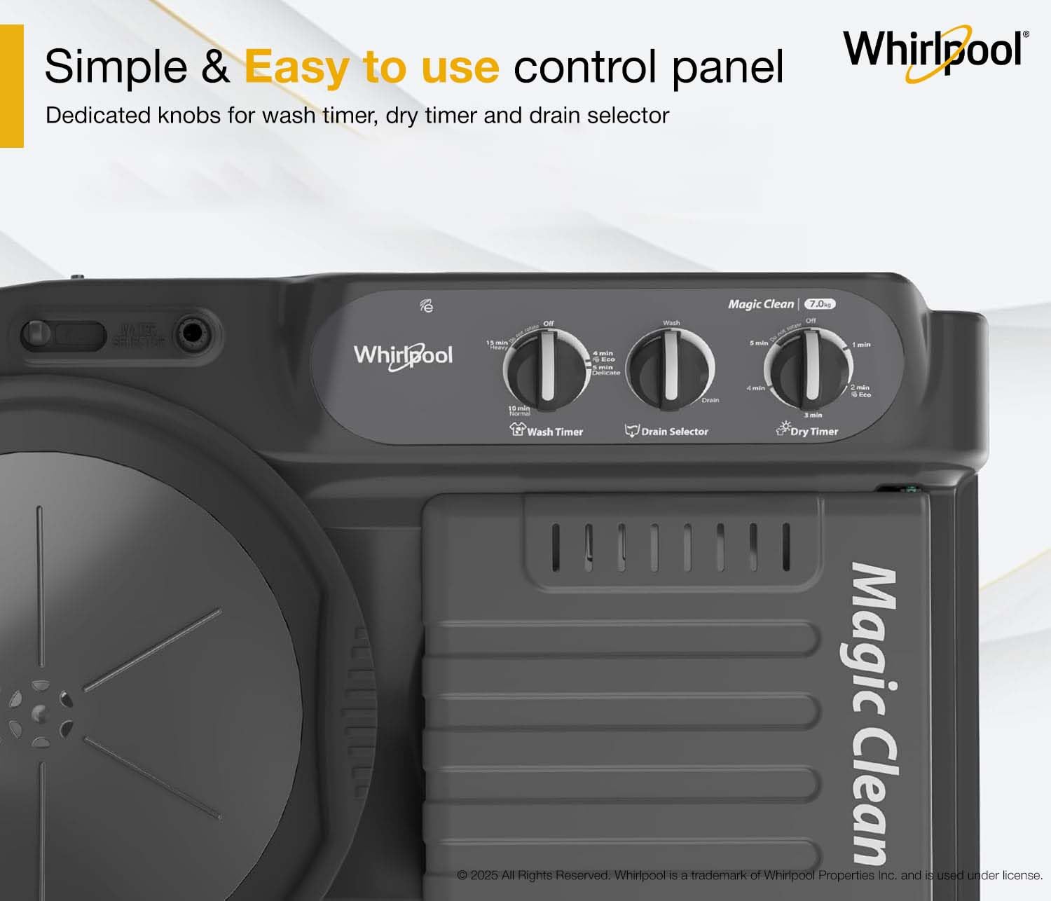 Whirlpool 7.0 Kg 5 Star MAGIC CLEAN Semi-Automatic Top Loading Washing Machine (MAGIC CLEAN RYL SRS 7.0 GREY DAZZLE (5YR), 4 Year Comprehensive Warranty, 1400 RPM Motor, 5 Year Motor Warranty)