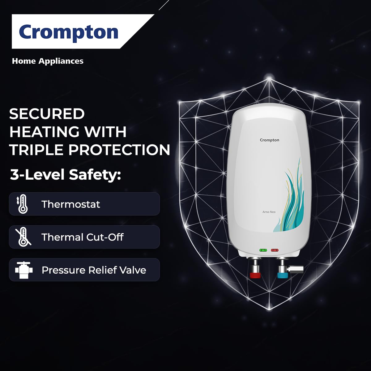Arno Neo 3 Litres instant water heater (Geyser) with 3 Level Advance Safety and Food grade technology|Rust proof Body | 5 years tank warranty | 2 years element warranty