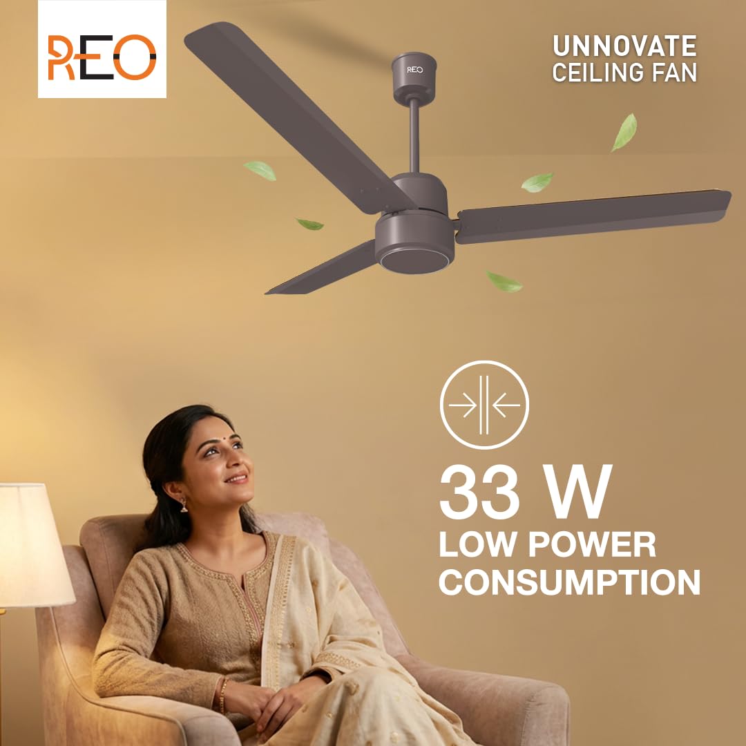 REO By UNNOVATE BLDC 1200MM 5 Star Rated Ceiling Fan| Air Flow: 220 CMM| Speed: 350 RPM|Watt: 33W| Reverse Rotation Mode| Timer Setting| 2 Year Door Step Warranty By Manufacturer (Cocoa Brown)
