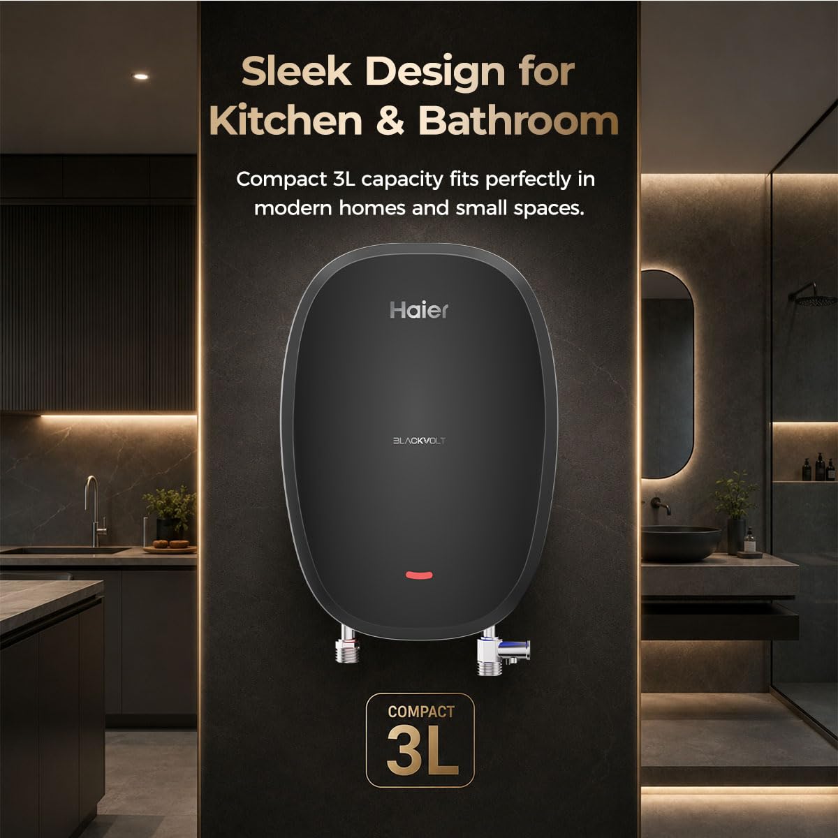 Haier BlackVolt Instant Water Heater 3 Litre with 3kW | Fast Heating | Copper Heating Element | 6.5 Bar Pressure | Instant Geyser for Kitchen & Bathroom | 5-Year Tank Warranty | EI3V-BLACKVOLT