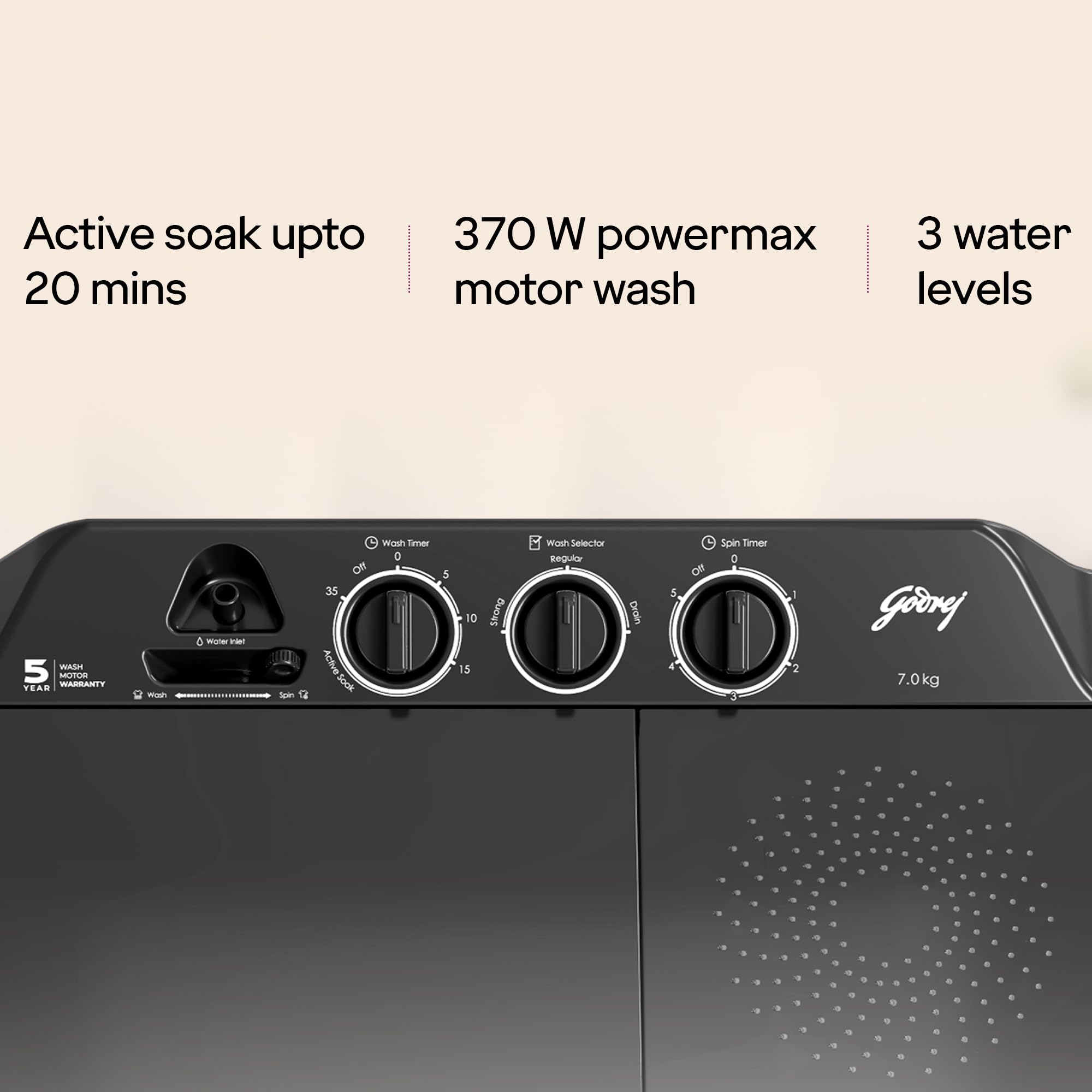 Godrej 7 Kg 5 Star, Active Soak Technology, 370 W PowerMax Wash For Heavy Laundry Wash, Toughened Glass Lid, Semi Automatic Top Load Washing Machine (WS EDGE CLS 70 5.0 PN2 GPGR, Graphite Grey)