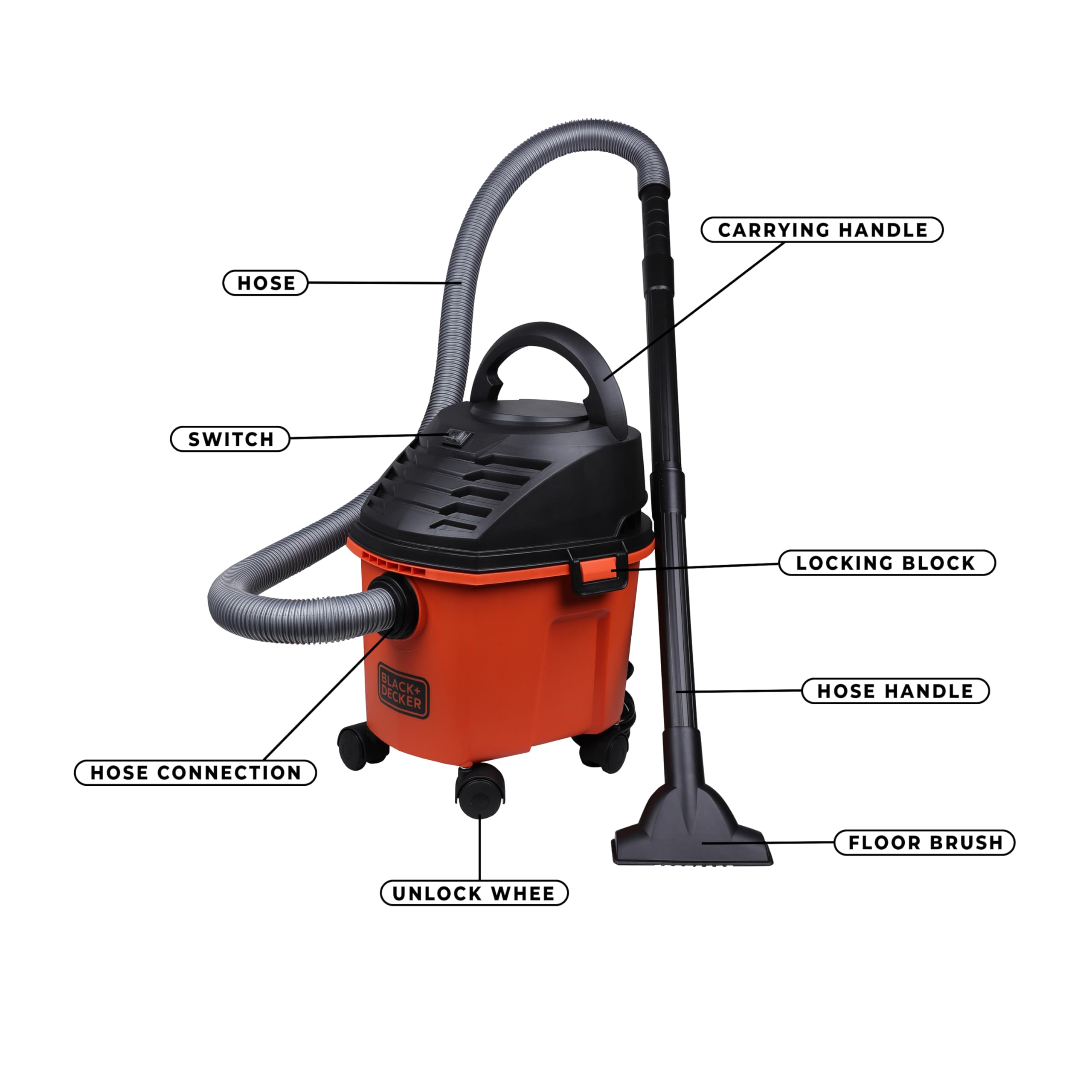 BDWD08-B1 Wet and Dry Vacuum Cleaner with Cannister Body, 1000 W, Powerful Suction, 8L Capacity, 220V Vacuum Cleaner for Home Use, 1 Year Manufacturer Warranty(Red/Black)