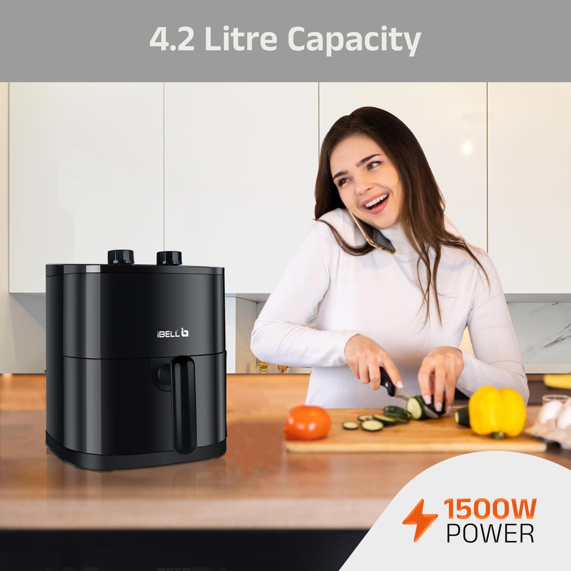 iBELL AEROFRY422M Air Fryer 4.2 Litre - 1500W, Multiple Cooking Options, Dishwasher Safe, Nonstick Coating, Adjustable Time & Temperature Control (Black)