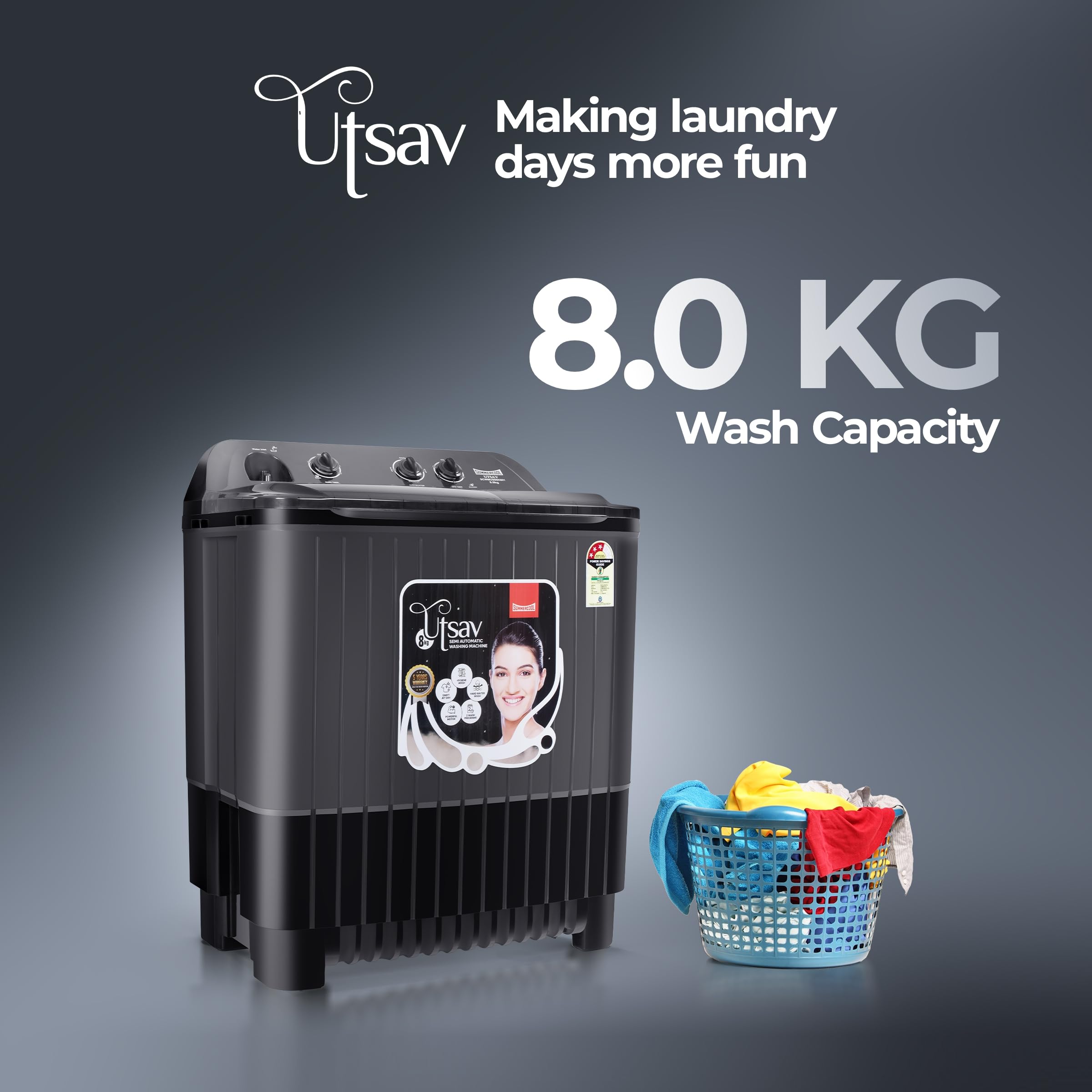 SUMMERCOOL Utsav 8.0 kg 5 Star Semi-Automatic top loading Washing Machine | Powerful Motor | Active Foam System | Effective Wash Pulsator | 5 Years Warranty on wash Motor | Black | 8.0 KG Wash