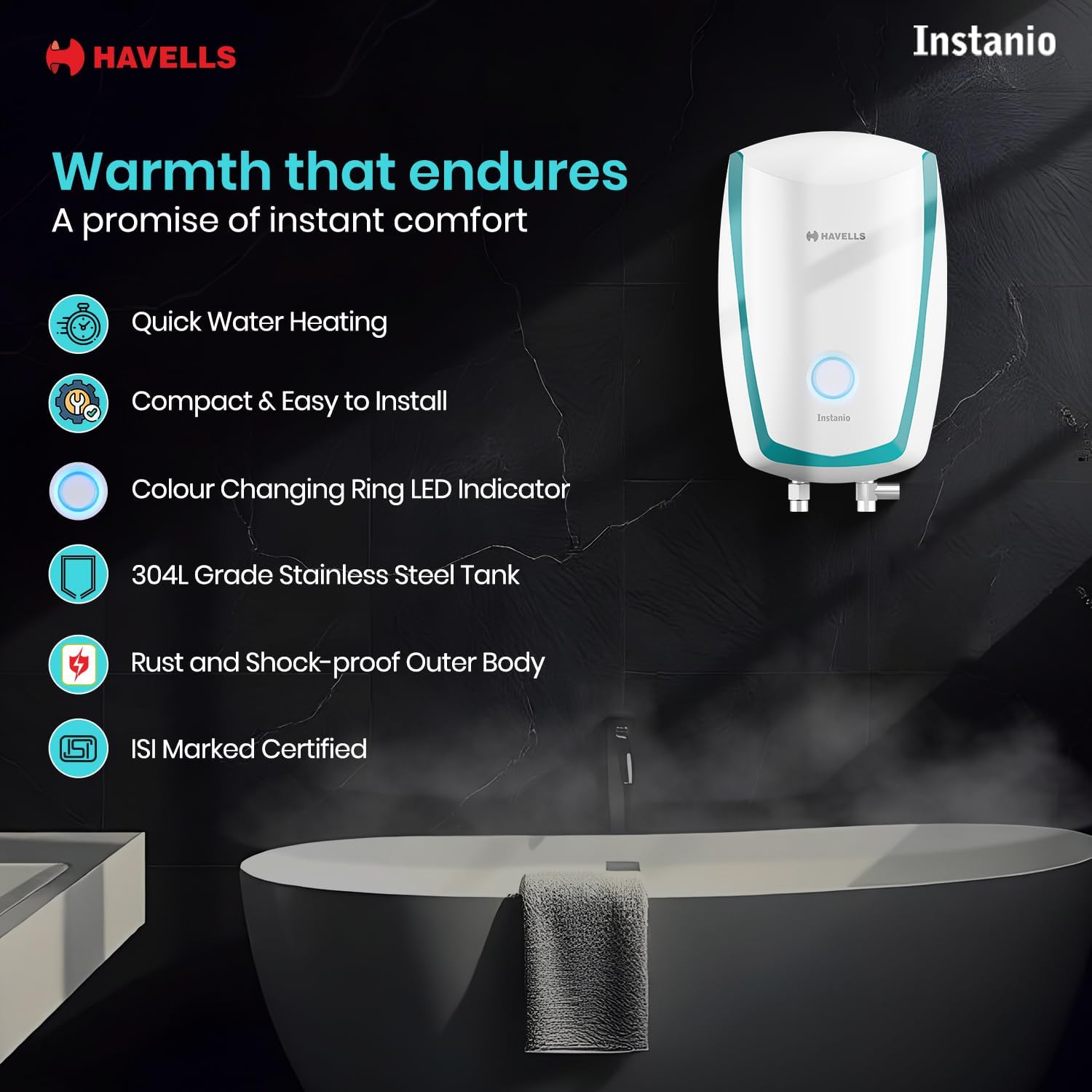 Instanio 3L Instant Water Heater(Geyser)| Temp. Sensing LED Indicator| Rust & Shock Proof Body| ISI Marked|Warranty: 5 year on Inner Tank| High Rise Compatible (White Blue)