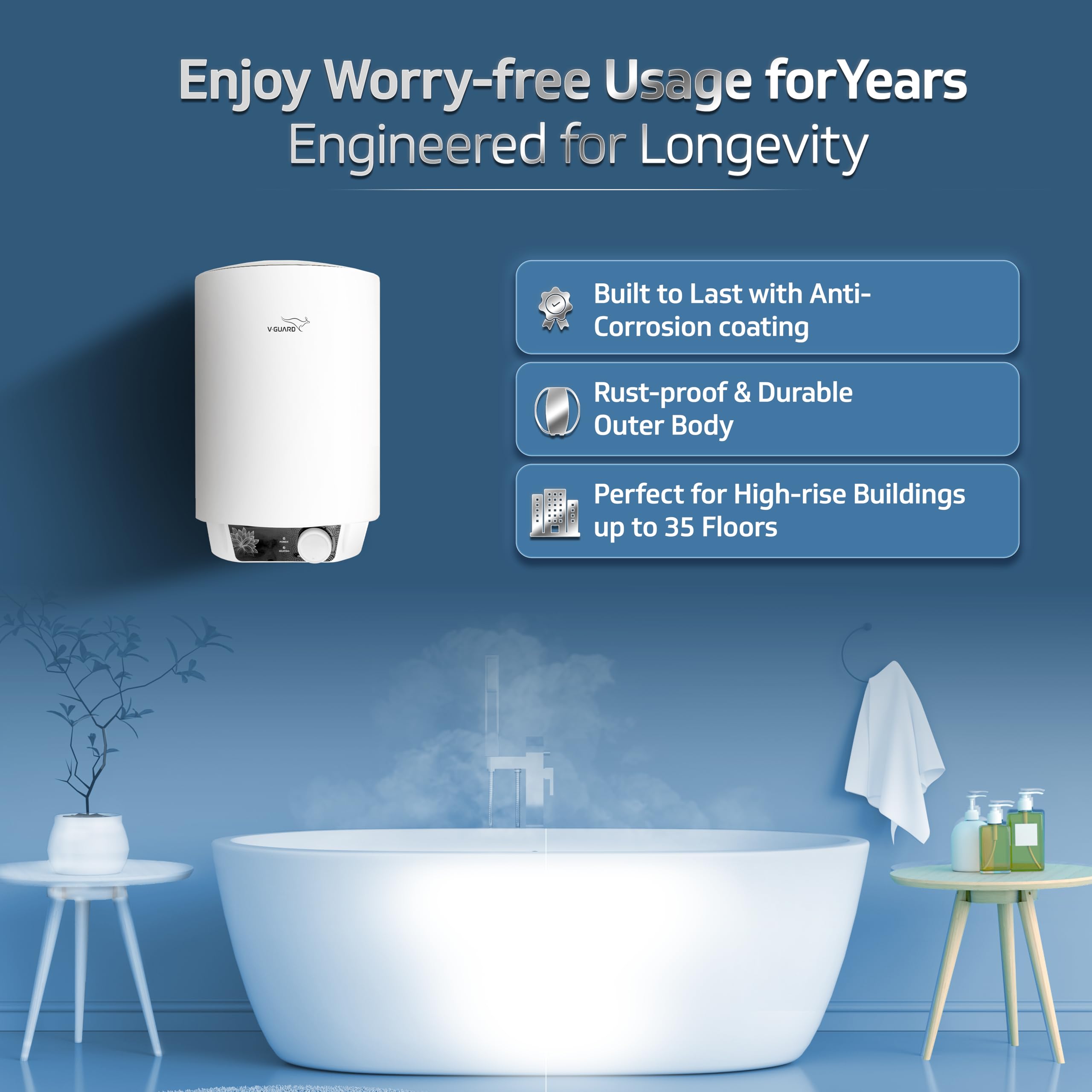 Zio 15 Litre Water Heater for Home | BEE 5 Star Rating | Advanced Multi-layered Safety | Suitable for Hard Water & High-rise Buildings | White