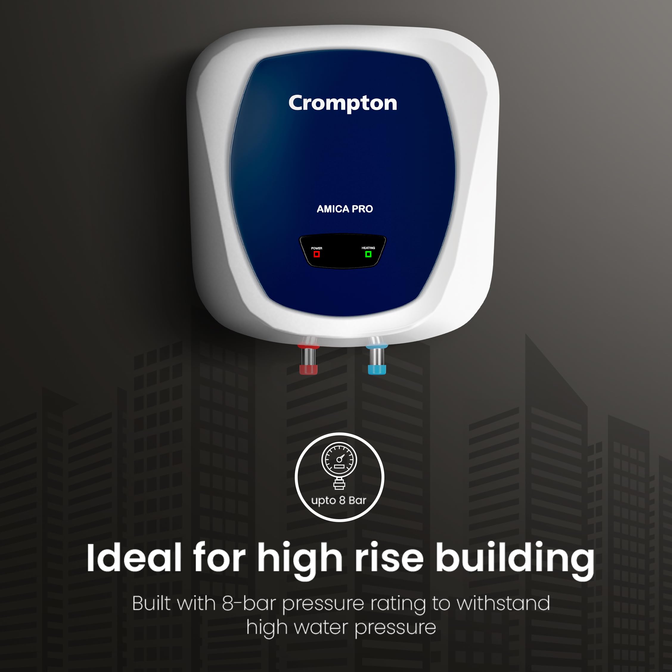 Crompton Amica Pro 25L 5‑Star Storage Water Heater | Superior Glassline Tank for Hard Water | Free Installation | 8 Bar High‑Rise Pressure | 5‑Level Safety | Rust‑Proof Body | 2000W Fast Heating