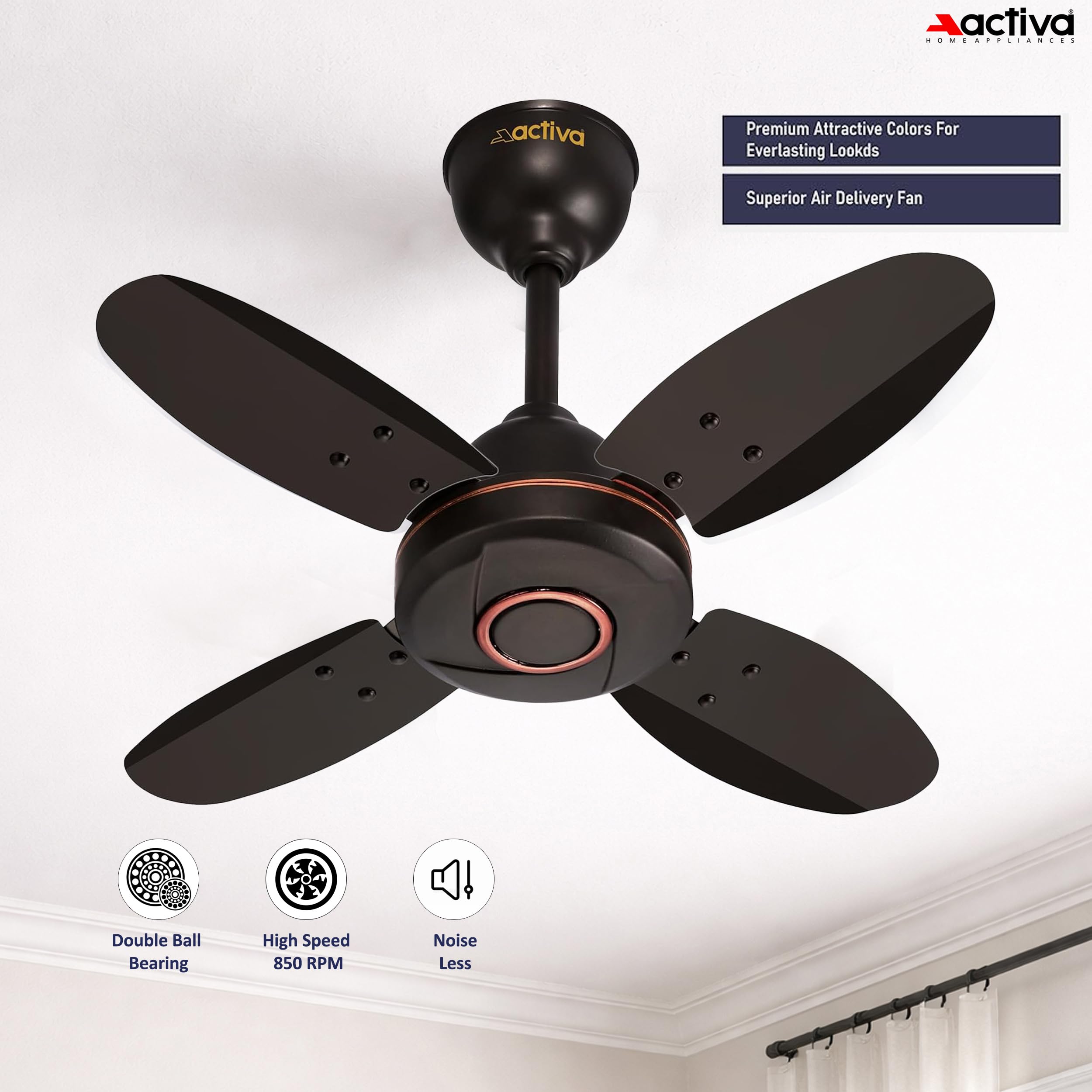 ACTIVA Ornet 600mm Ceiling Fan for Kitchen & Small Rooms | 4 Blade High Speed Fan | 850 RPM Powerful Air Delivery | Anti-Dust Coating | Energy Efficient Ceiling Fan | 2 Years Warranty | Smoke Brown