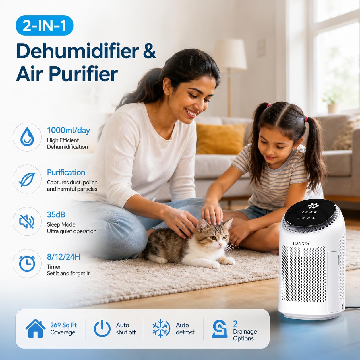HANNEA® 2-in-1 Dehumidifier & Air Purifier, Dehumidifier for Home (269 Sq. Ft), 1L/Day | 700ML Tank | H12 HEPA Filter | 120 m³/H CADR | 3 Timers | Auto Shutoff | Sleep Mode | Defrost | with Drain Hose