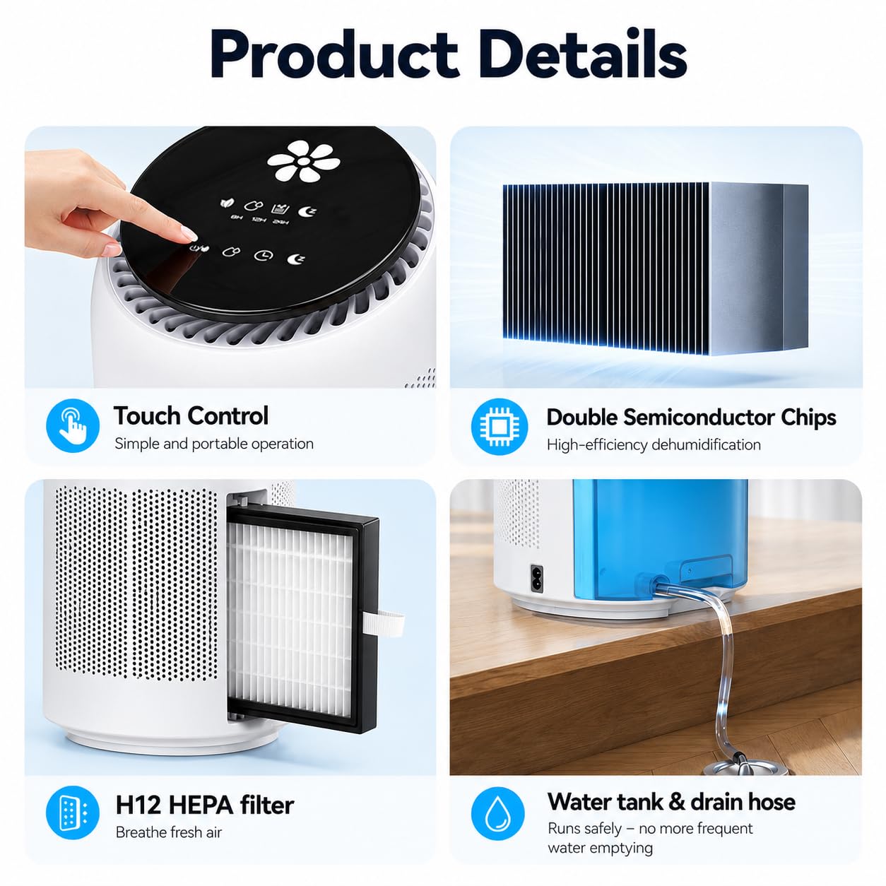 HANNEA® 2-in-1 Dehumidifier & Air Purifier, Dehumidifier for Home (269 Sq. Ft), 1L/Day | 700ML Tank | H12 HEPA Filter | 120 m³/H CADR | 3 Timers | Auto Shutoff | Sleep Mode | Defrost | with Drain Hose