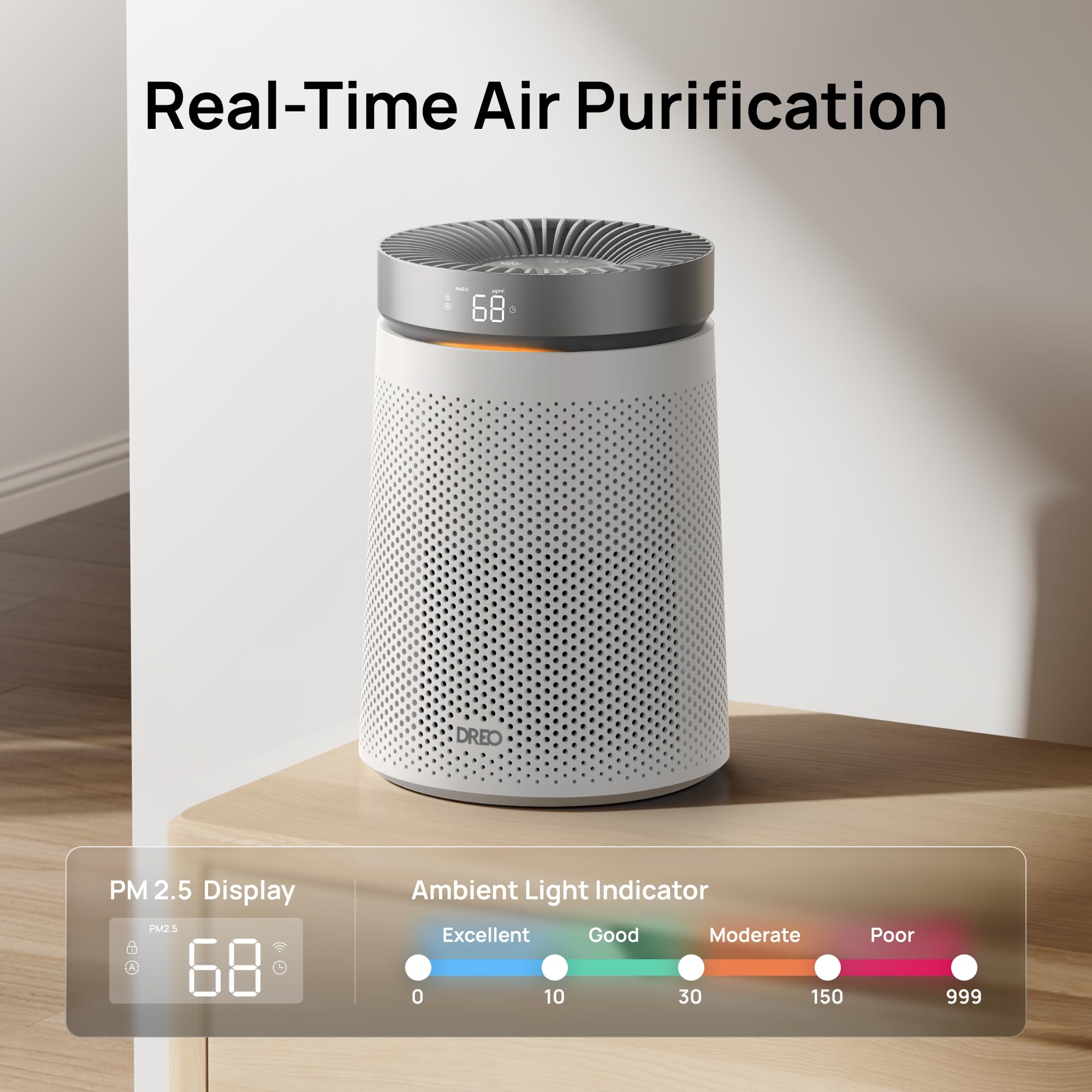 DREO Air Purifier for Home, CADR 173m³/h, 3-in-1 True HEPA Filter, Covers up to 70.42m² (750ft²), LED Air Quality (AQI) Display, RGB Ambient Light, Memory Function, Ultra-Quiet 25dB, 2 Year Warranty