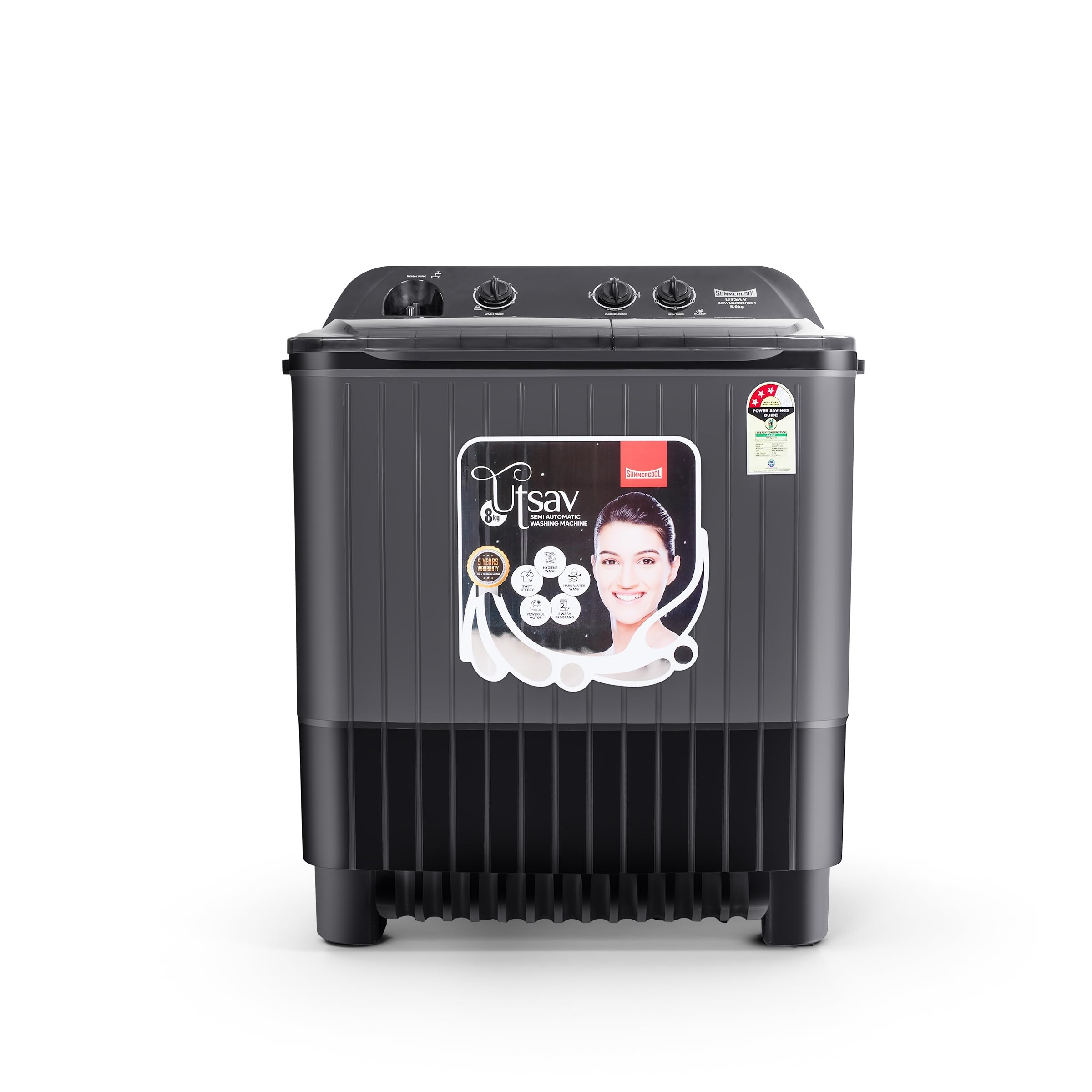SUMMERCOOL Utsav 8.0 kg 5 Star Semi-Automatic top loading Washing Machine | Powerful Motor | Active Foam System | Effective Wash Pulsator | 5 Years Warranty on wash Motor | Black | 8.0 KG Wash