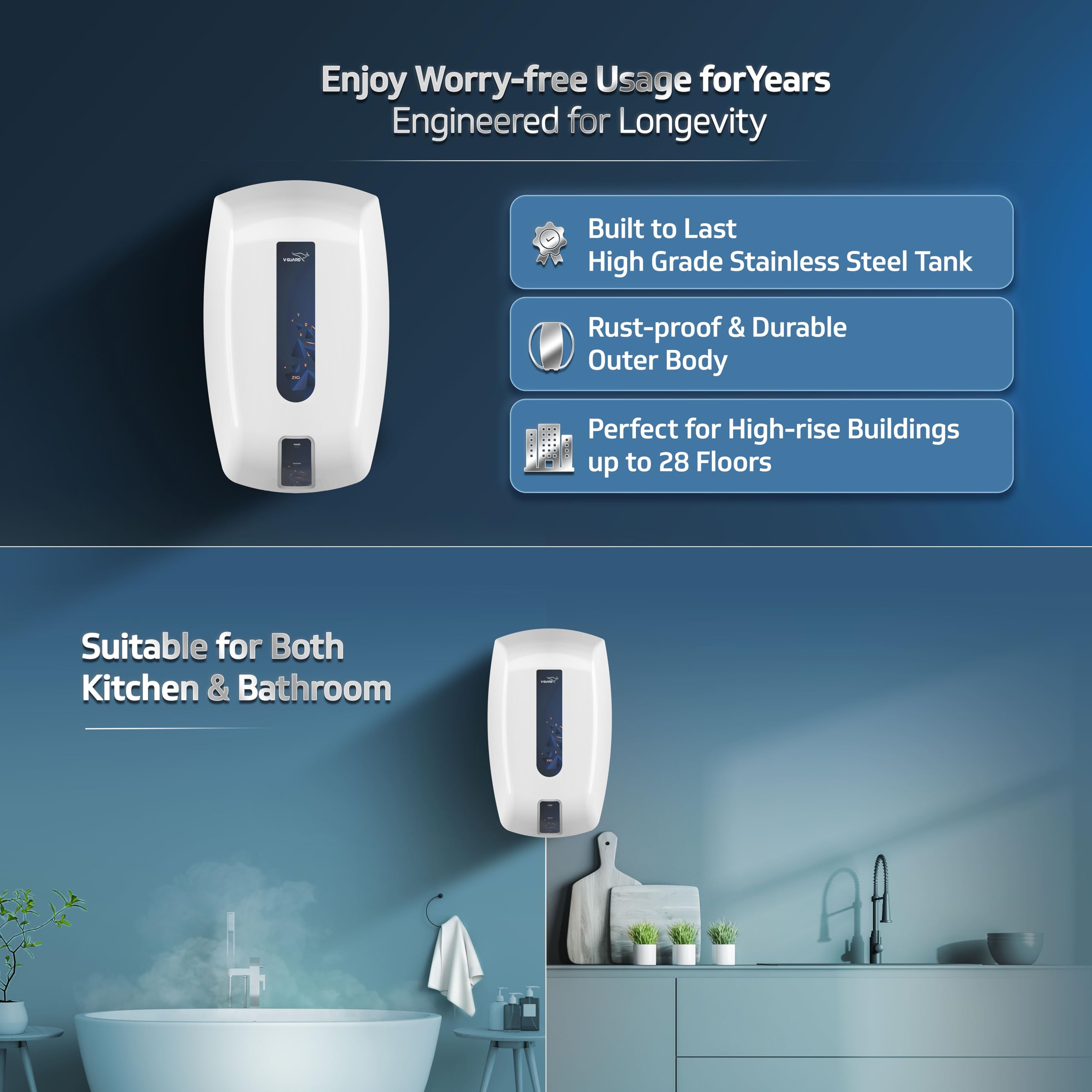 Zio Geyser 5 Litre Instant Water Heater | Advanced Multi-Layered Safety | 3000 W Powerful Heating | Suitable For Kitchen & Bathroom | 5 Year Inner Tank Warranty by | White-Blue