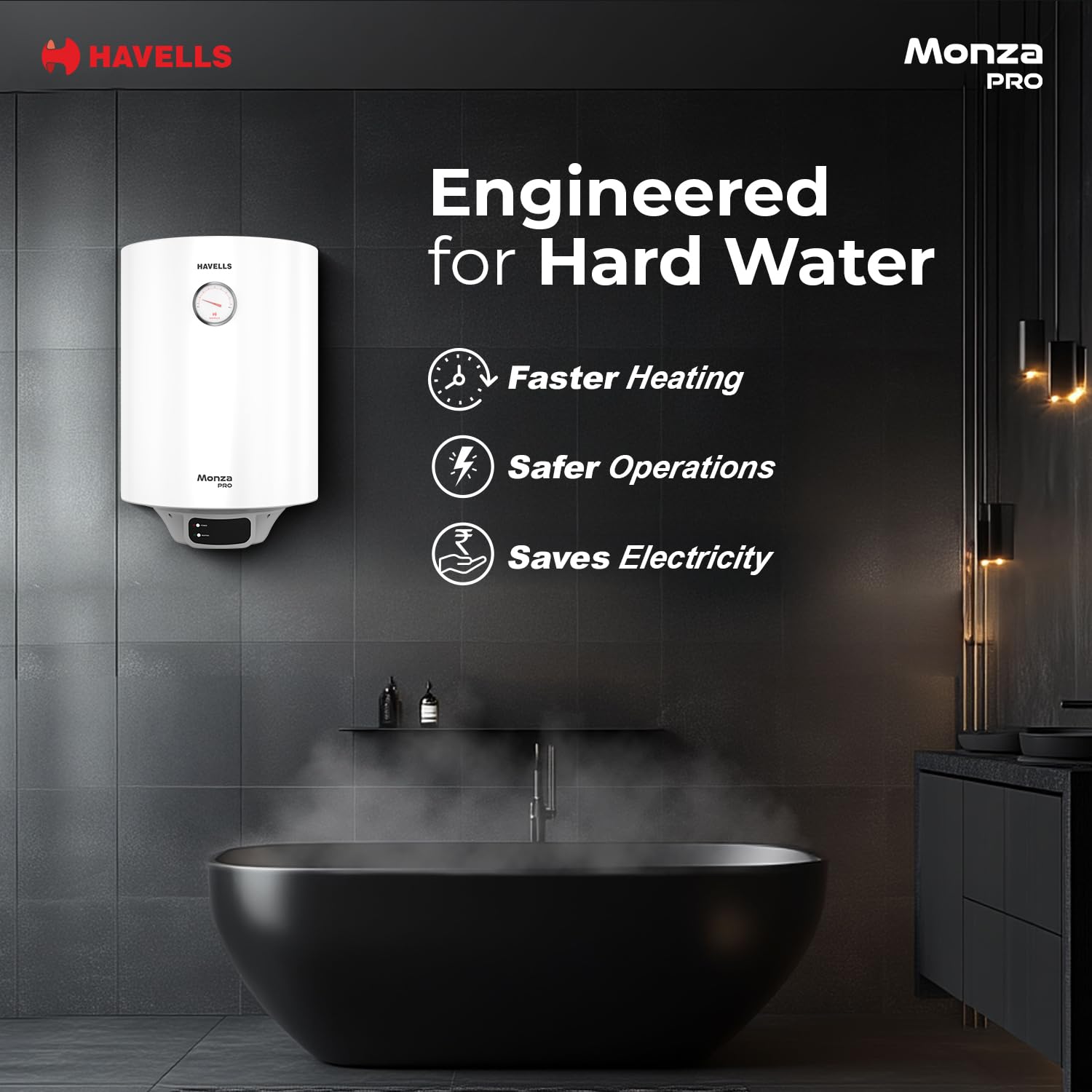 Havells Monza Pro 10L Storage Water Heater(Geyser)|Faster Heating|Safer to use|Saves electricity|Engineered for Hard Water|Endurashield Coated Anti Rust Tank|Whirlflow Technology|High Rise suitable