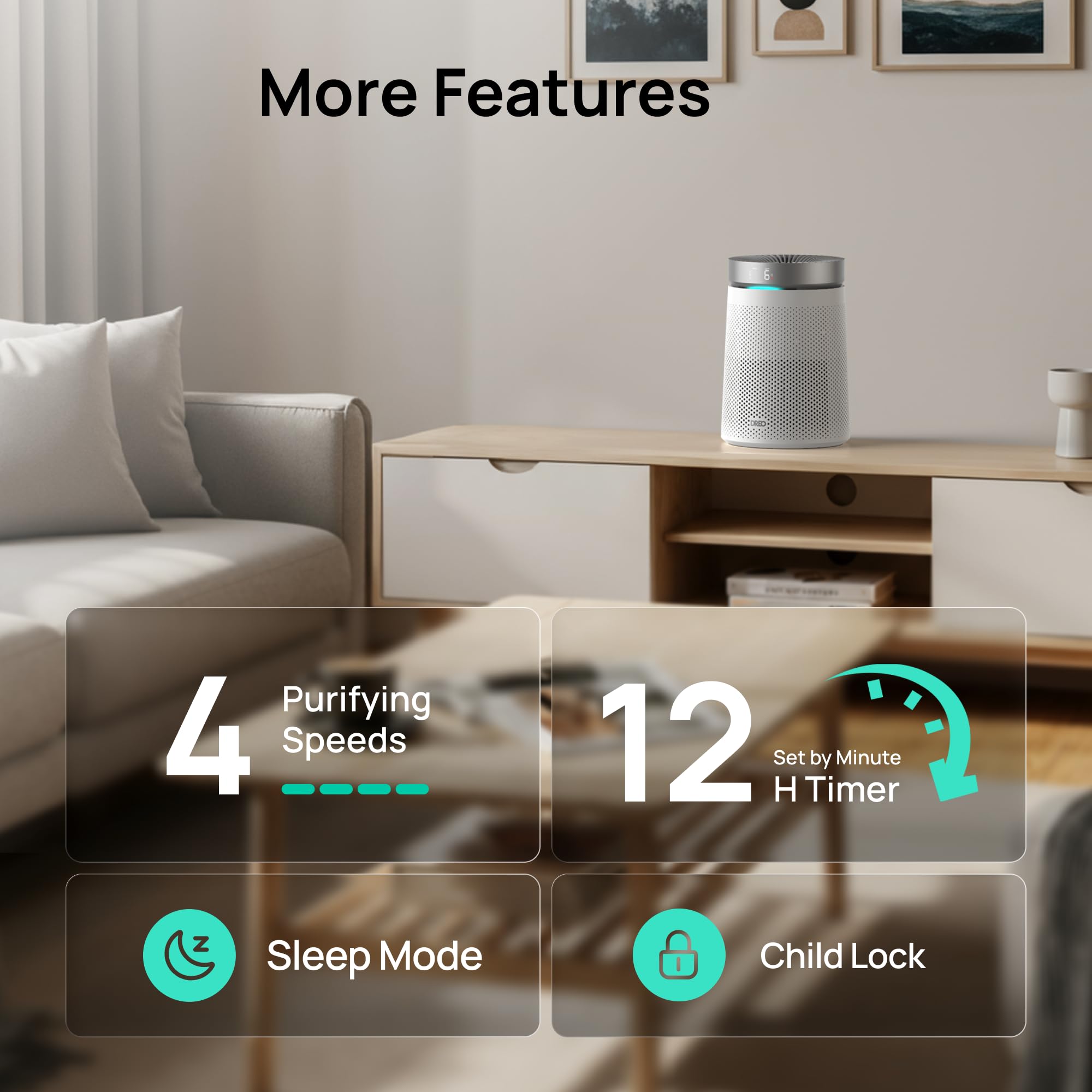DREO Air Purifier for Home, CADR 173m³/h, 3-in-1 True HEPA Filter, Covers up to 70.42m² (750ft²), LED Air Quality (AQI) Display, RGB Ambient Light, Memory Function, Ultra-Quiet 25dB, 2 Year Warranty