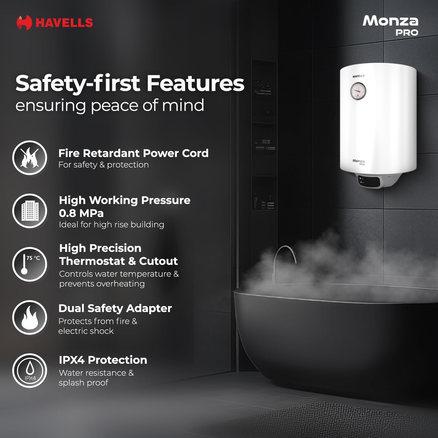 Havells Monza Pro 10L Storage Water Heater(Geyser)|Faster Heating|Safer to use|Saves electricity|Engineered for Hard Water|Endurashield Coated Anti Rust Tank|Whirlflow Technology|High Rise suitable