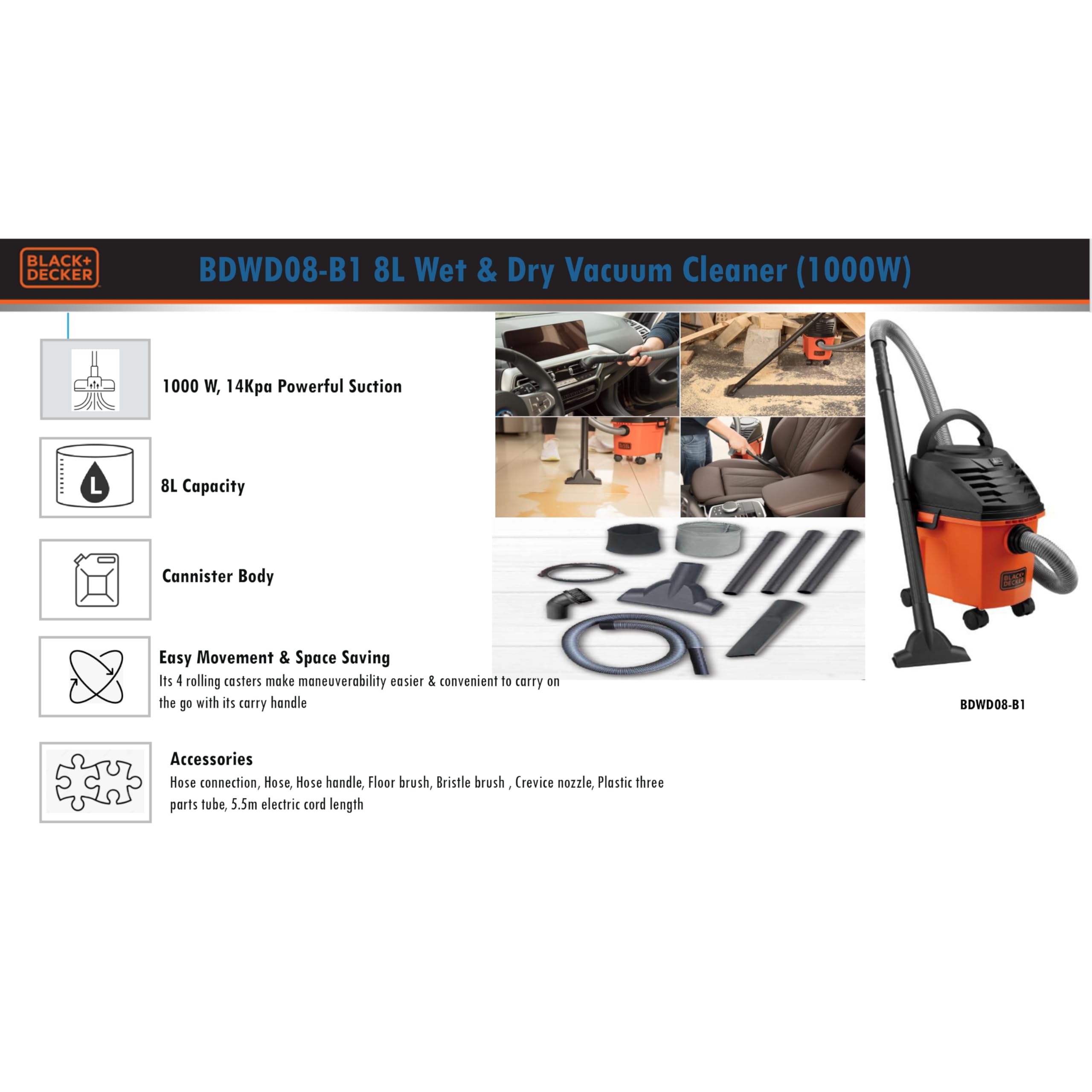 BDWD08-B1 Wet and Dry Vacuum Cleaner with Cannister Body, 1000 W, Powerful Suction, 8L Capacity, 220V Vacuum Cleaner for Home Use, 1 Year Manufacturer Warranty(Red/Black)