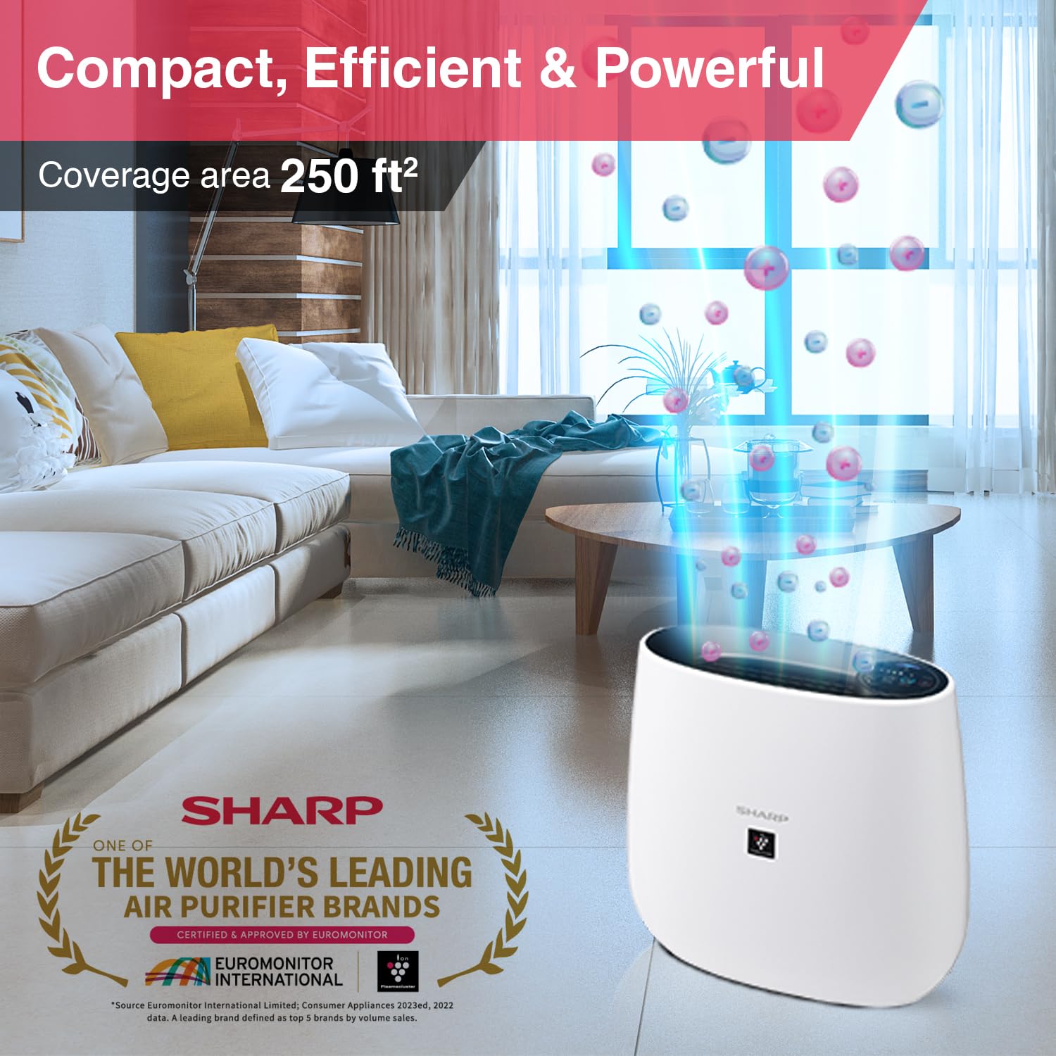 Sharp Air Purifier for Home & Office with Plasmacluster (Removes Bacteria, Virus, Mold, VOCs I JAPAN TECHNOLOGY I Traps 99.97% Pollutants I HEPA, Carbon & Pre Filter I 250 sq.ft. (White)