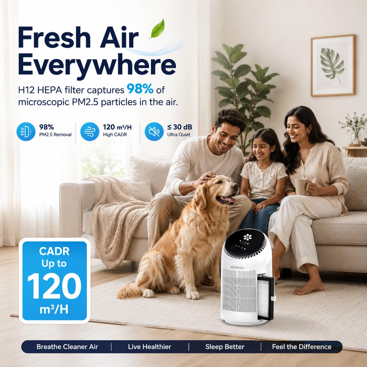 HANNEA® 2-in-1 Dehumidifier & Air Purifier, Dehumidifier for Home (269 Sq. Ft), 1L/Day | 700ML Tank | H12 HEPA Filter | 120 m³/H CADR | 3 Timers | Auto Shutoff | Sleep Mode | Defrost | with Drain Hose