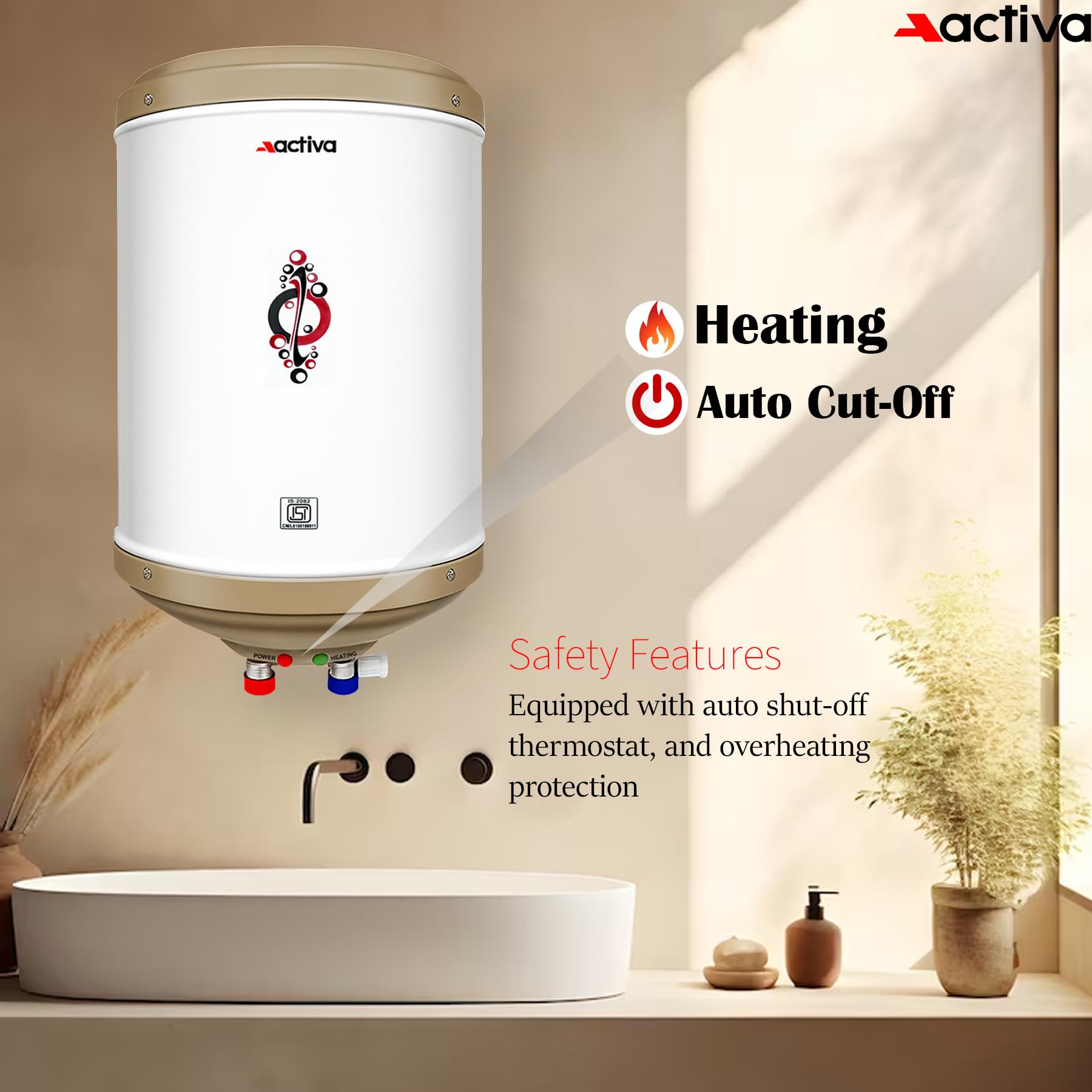 ACTIVA 10L Storage Water Heater Geyser | 3kW ISI Copper Heating Element | 0.8mm Anti-Rust Coated Tank | BEE 5 Star Rated | ABS Body | Fast Heating | 5 Year Warranty | Ivory