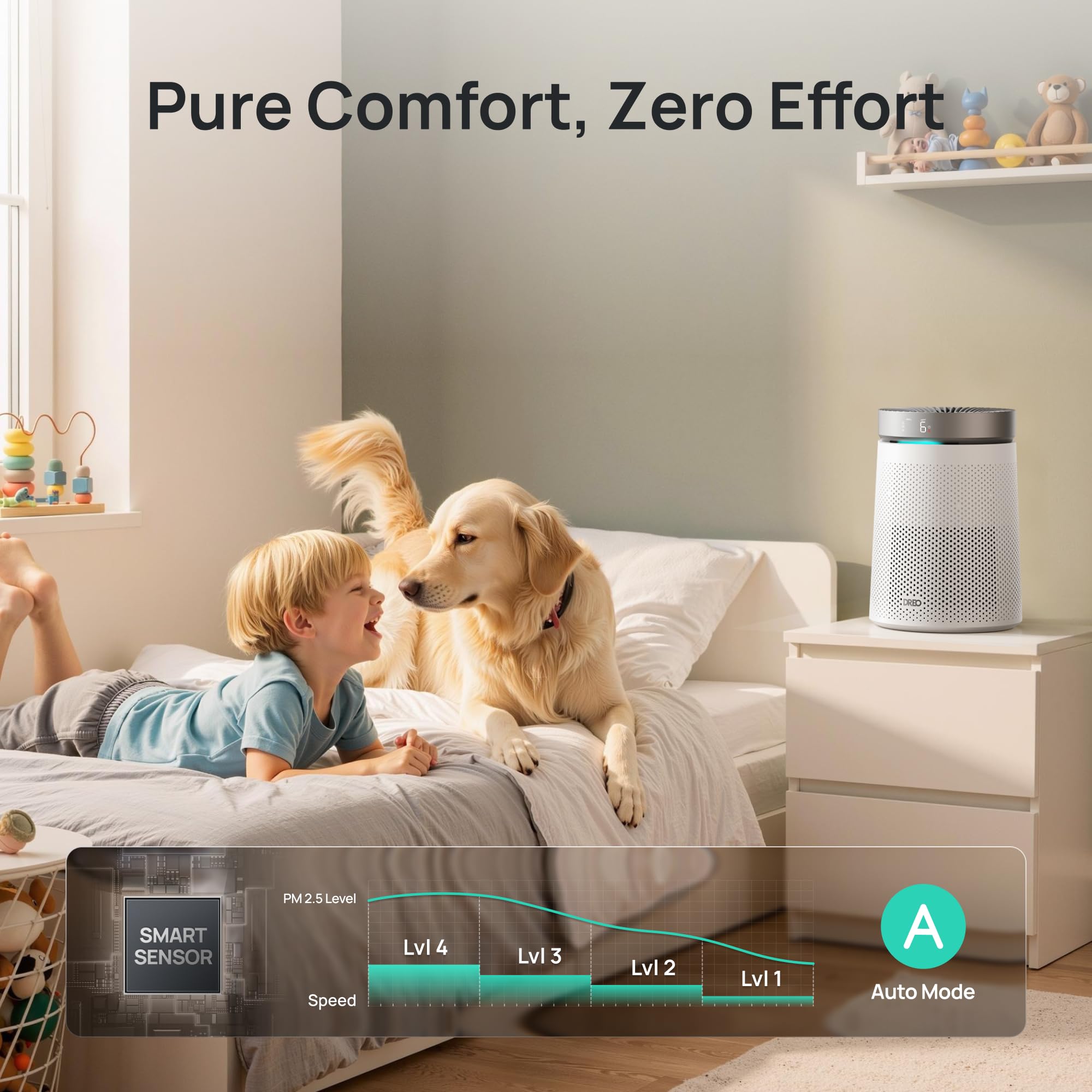 DREO Air Purifier for Home, CADR 173m³/h, 3-in-1 True HEPA Filter, Covers up to 70.42m² (750ft²), LED Air Quality (AQI) Display, RGB Ambient Light, Memory Function, Ultra-Quiet 25dB, 2 Year Warranty