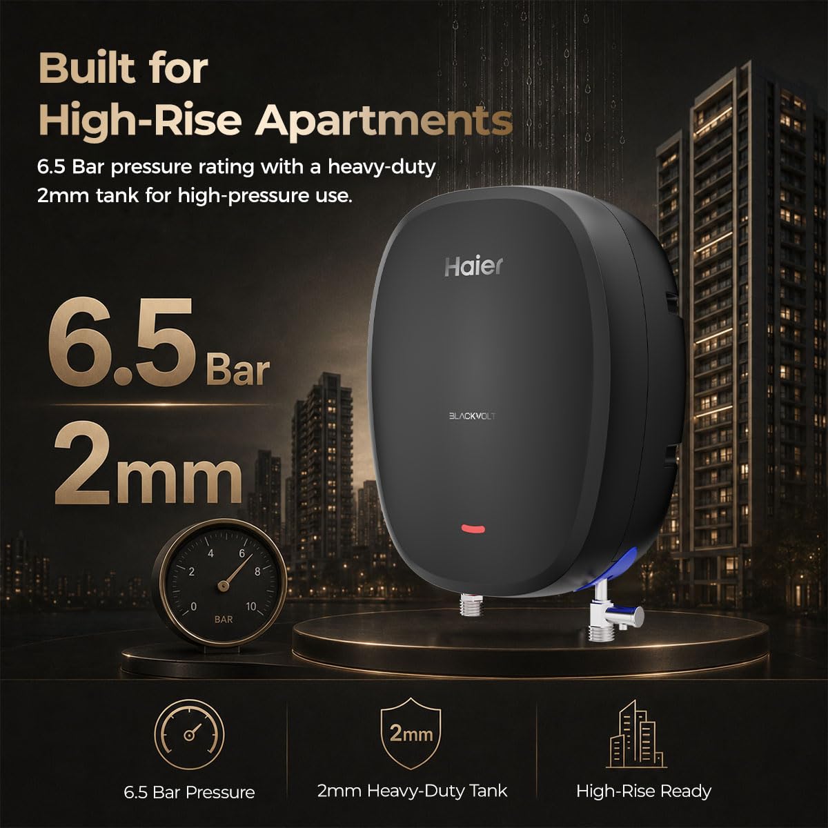 Haier BlackVolt Instant Water Heater 3 Litre with 3kW | Fast Heating | Copper Heating Element | 6.5 Bar Pressure | Instant Geyser for Kitchen & Bathroom | 5-Year Tank Warranty | EI3V-BLACKVOLT