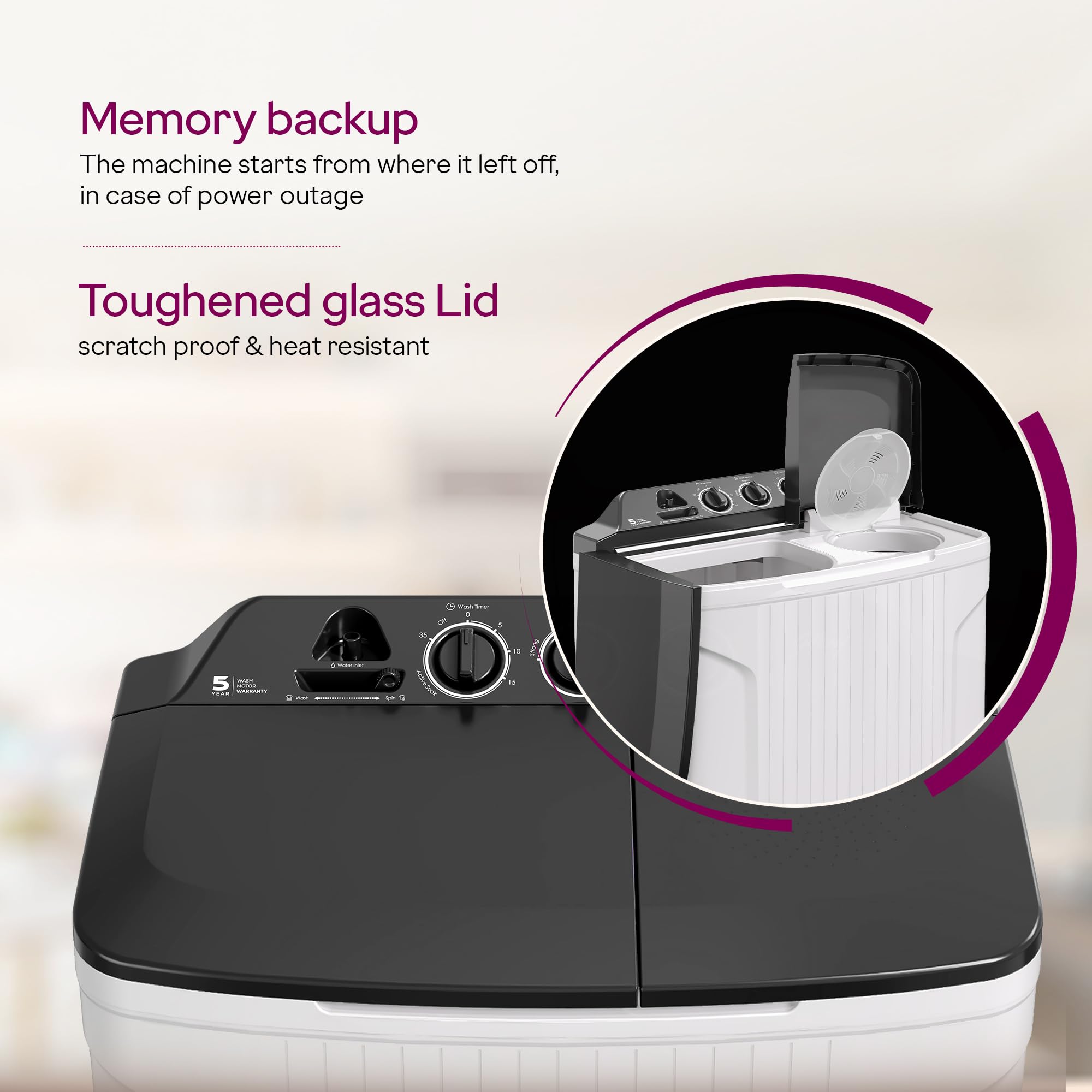 Godrej 7 Kg 5 Star, Active Soak Technology, 370 W PowerMax Wash For Heavy Laundry Wash, Toughened Glass Lid, Semi Automatic Top Load Washing Machine (WS EDGE CLS 70 5.0 PN2 GPGR, Graphite Grey)