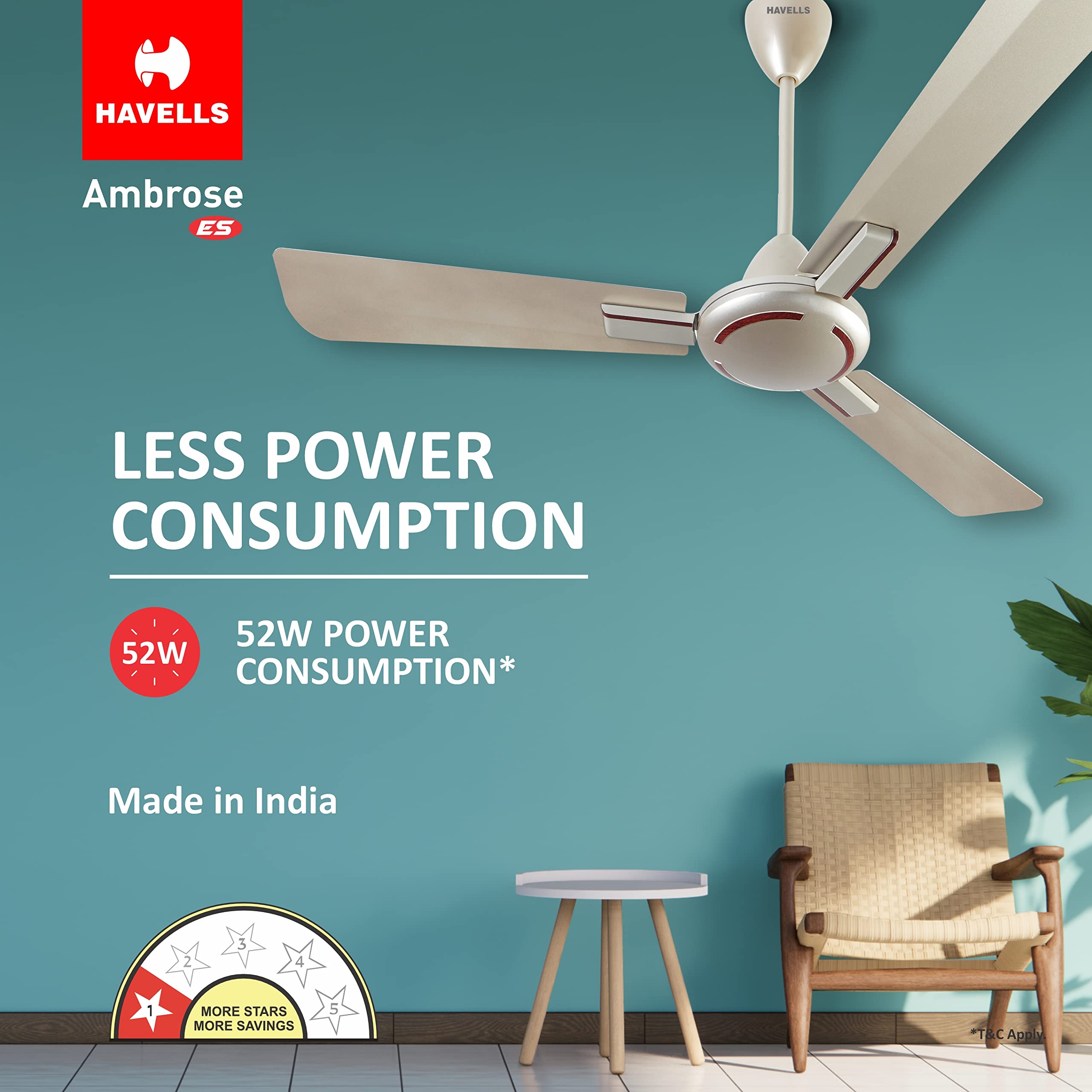 1200mm Ambrose Energy Saving High Speed Ceiling Fan|Premium Finish, Deco.Fan, Elegant Looks, High Air Delivery, 100% Pure Copper Motor|2 Yr Warranty by Brand | (Pack of 1, Gold Mist Wood)