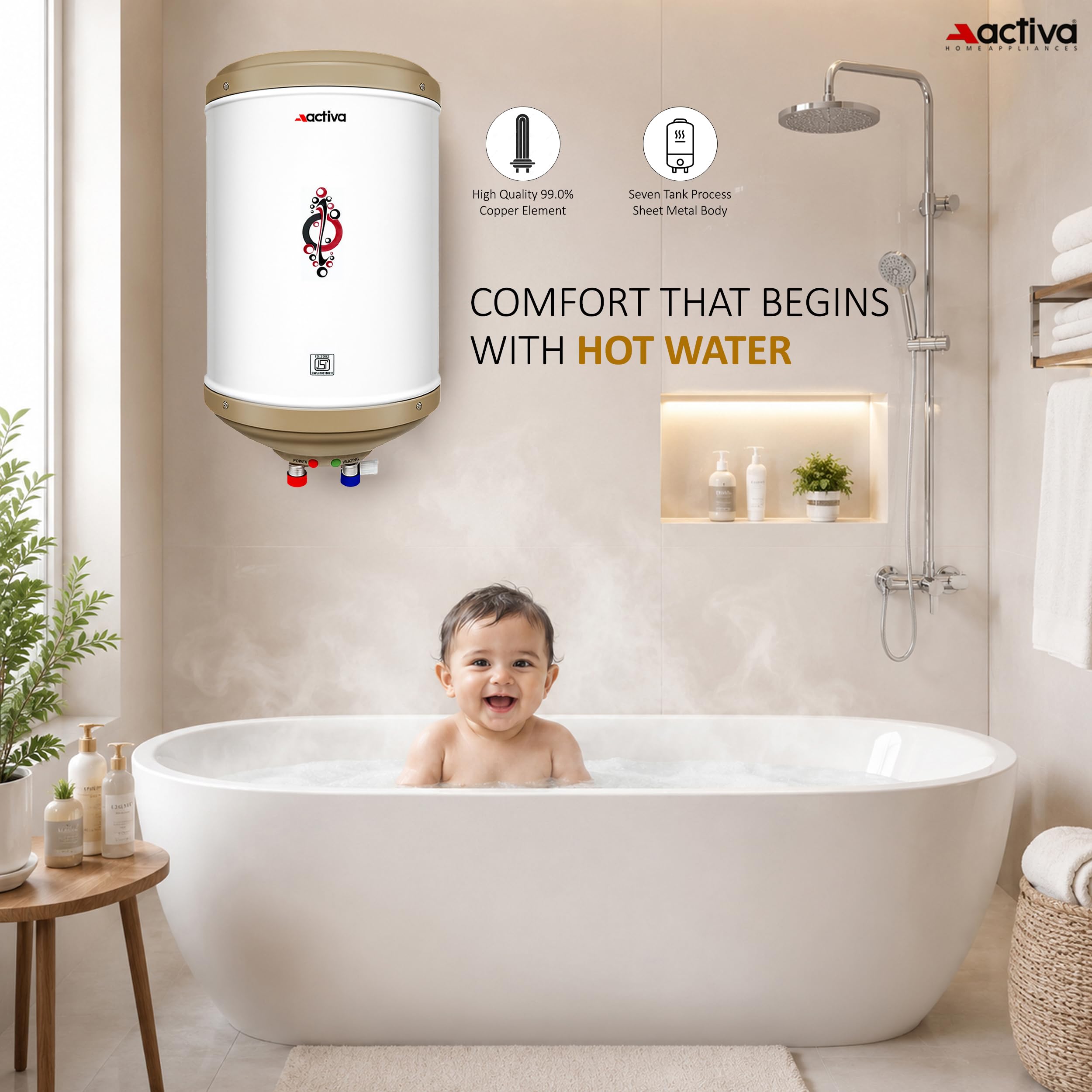 ACTIVA 10L Storage Water Heater Geyser | 3kW ISI Copper Heating Element | 0.8mm Anti-Rust Coated Tank | BEE 5 Star Rated | ABS Body | Fast Heating | 5 Year Warranty | Ivory
