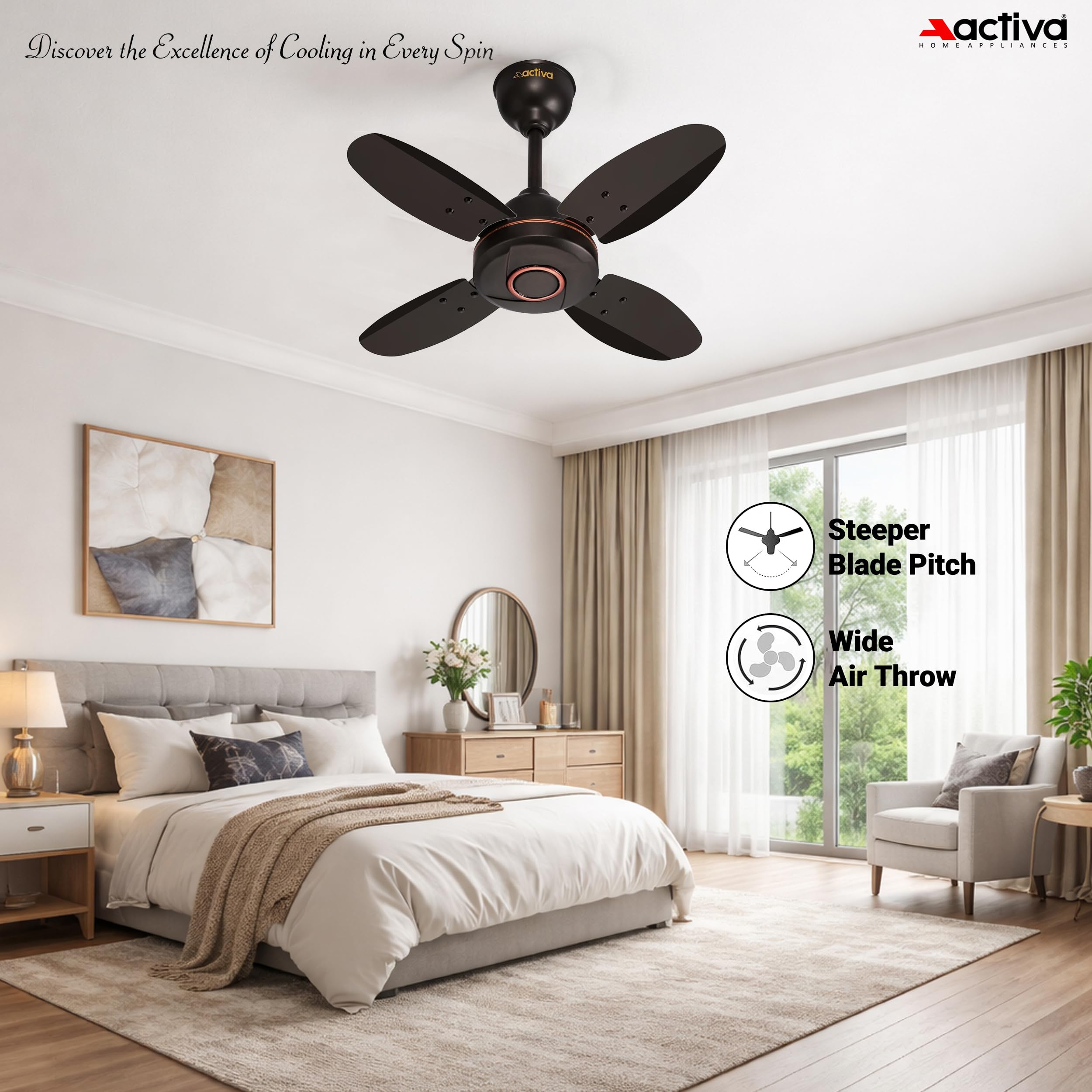 ACTIVA Ornet 600mm Ceiling Fan for Kitchen & Small Rooms | 4 Blade High Speed Fan | 850 RPM Powerful Air Delivery | Anti-Dust Coating | Energy Efficient Ceiling Fan | 2 Years Warranty | Smoke Brown