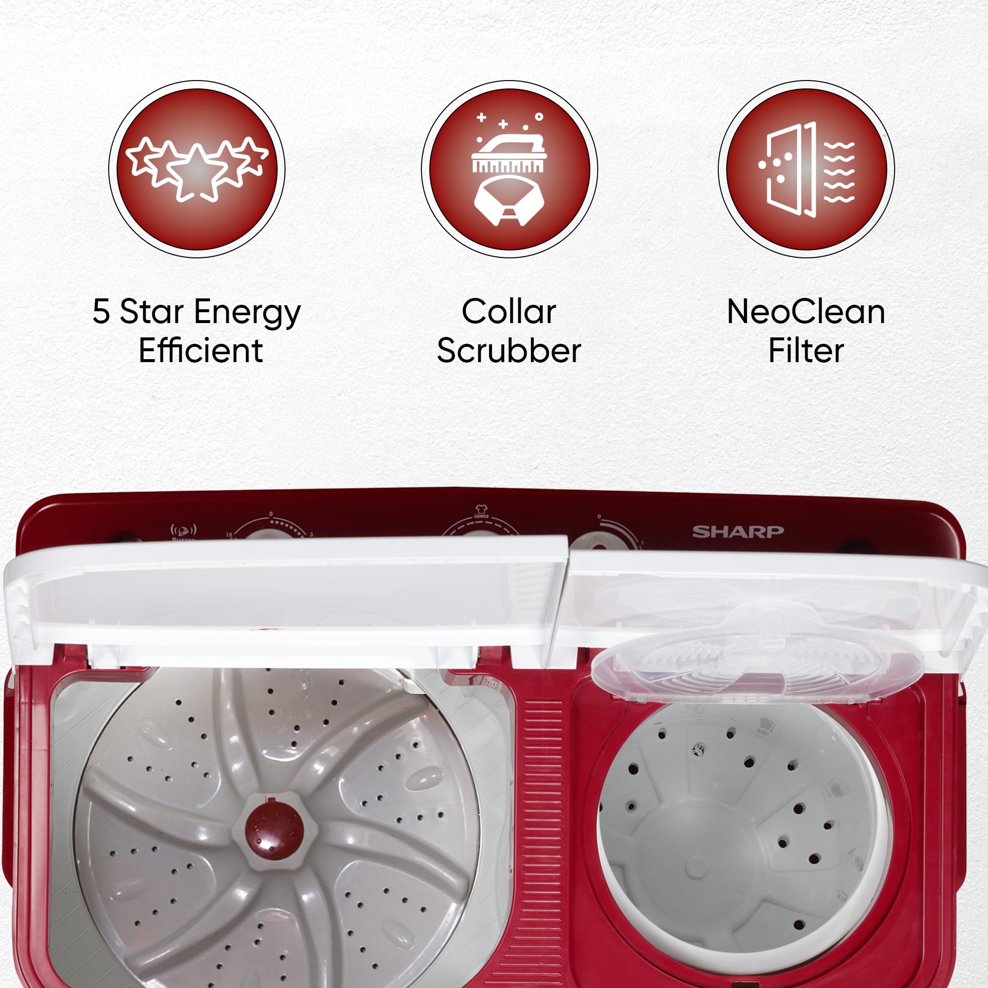 SHARP 7 kg, 5 star with E-Spin Pulsator,Semi-Automatic Top Loading Washing Machine, 1300 RPM (ES-SD70NB-FR, Ruby Red, Pure Wave)