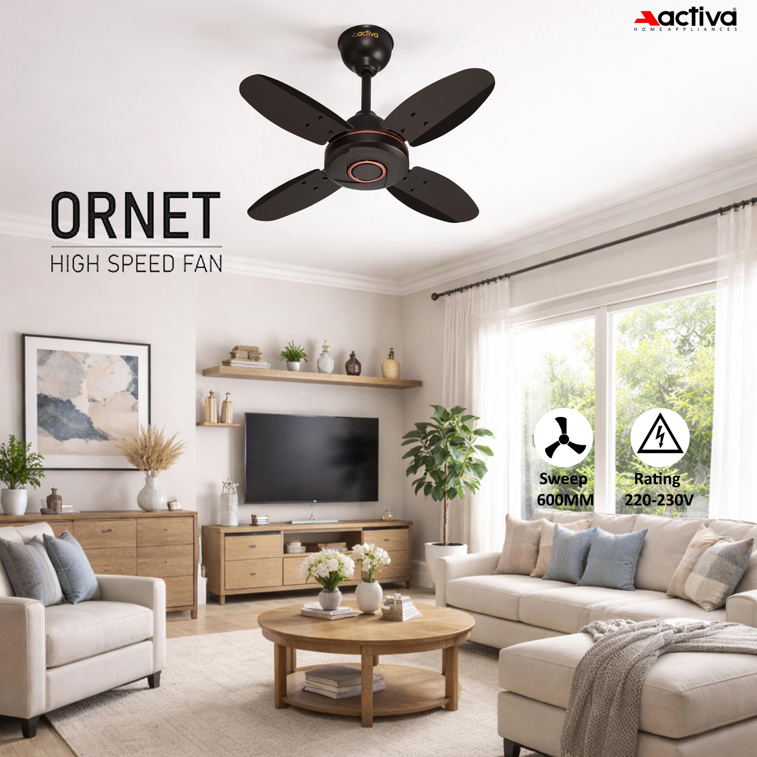 ACTIVA Ornet 600mm Ceiling Fan for Kitchen & Small Rooms | 4 Blade High Speed Fan | 850 RPM Powerful Air Delivery | Anti-Dust Coating | Energy Efficient Ceiling Fan | 2 Years Warranty | Smoke Brown