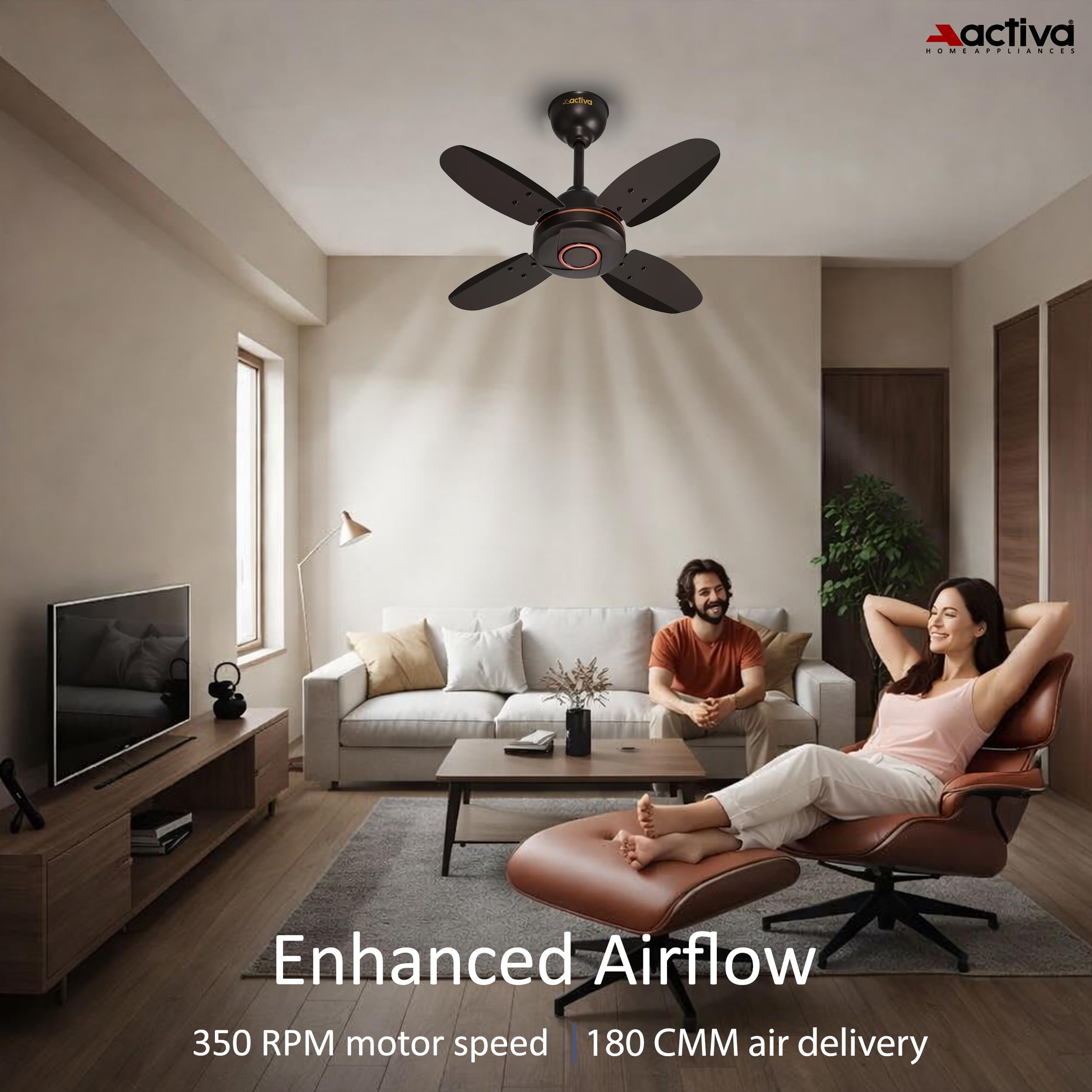 ACTIVA Ornet 600mm Ceiling Fan for Kitchen & Small Rooms | 4 Blade High Speed Fan | 850 RPM Powerful Air Delivery | Anti-Dust Coating | Energy Efficient Ceiling Fan | 2 Years Warranty | Smoke Brown