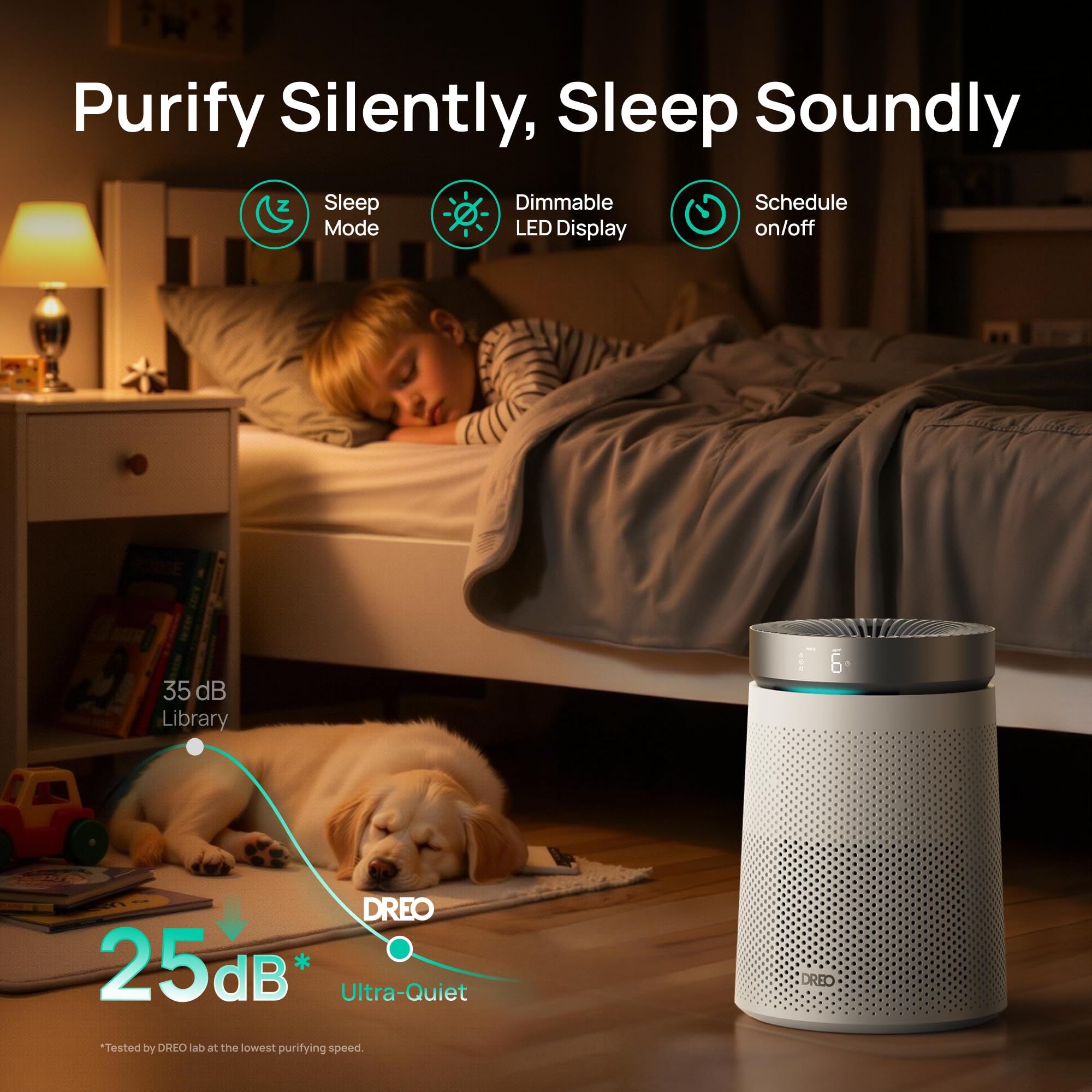 DREO Air Purifier for Home, CADR 173m³/h, 3-in-1 True HEPA Filter, Covers up to 70.42m² (750ft²), LED Air Quality (AQI) Display, RGB Ambient Light, Memory Function, Ultra-Quiet 25dB, 2 Year Warranty