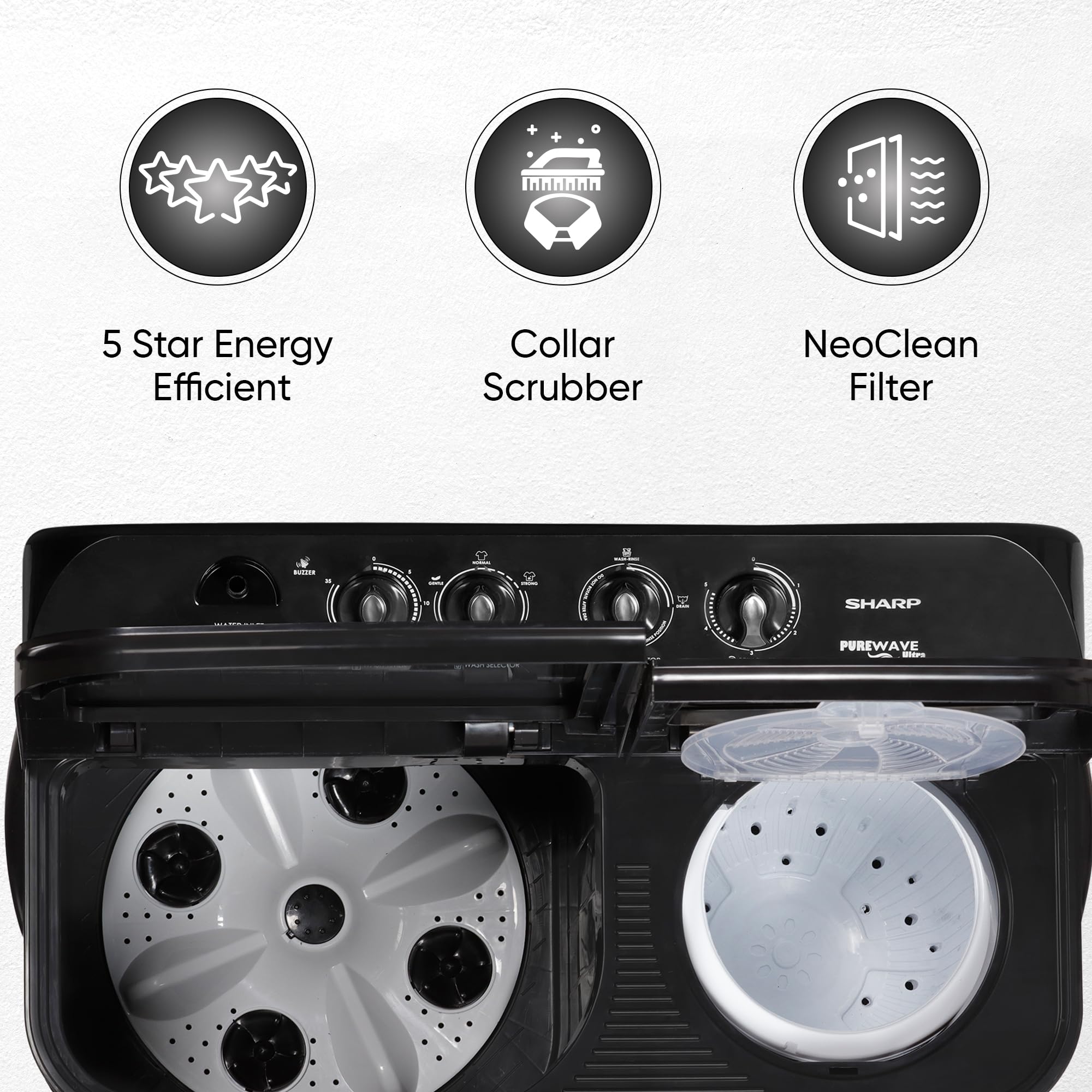 SHARP 8.0 kg, 5 Star, Semi-Automatic Top Loading Washing Machine with Quadroniq Pulsator I JAPAN QUALITY I 1300 RPM I Soft Fall Technology (Steel Grey, 8 Kg)