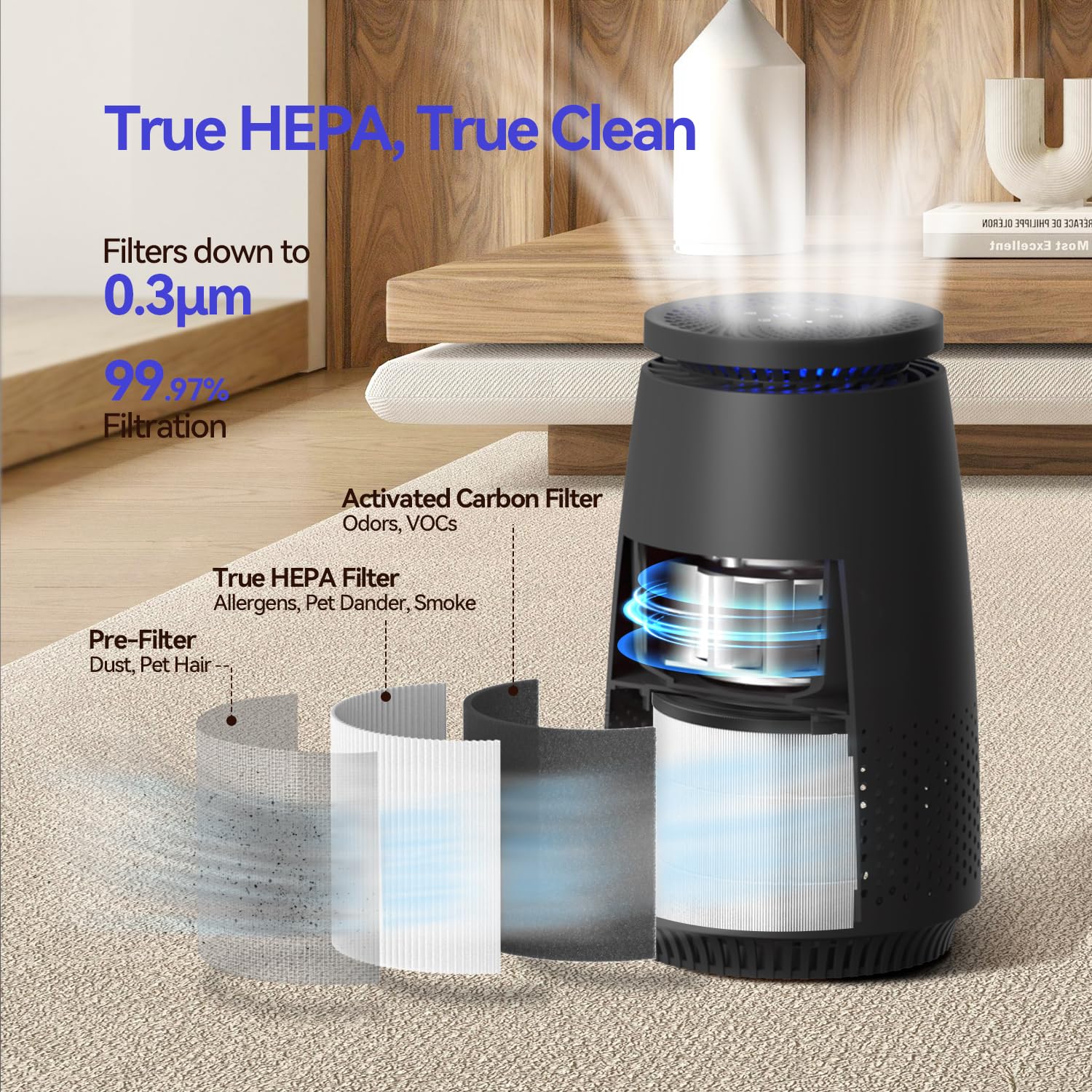 Air Purifiers for Home Bedroom, Air Cleaner with 3-In-1 HEPA Filter for Dust Smoke Pet Dander Odor with Sleep Mode, Aromatherapy, Timer, Portable (Black)