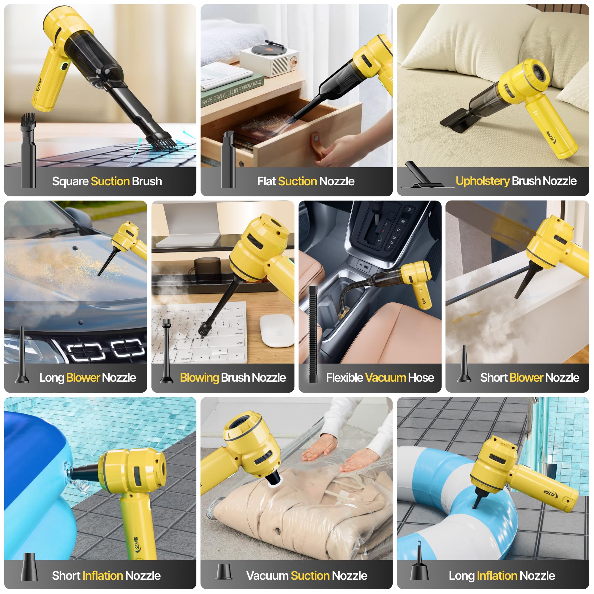 SEZNIK Vacuum Cleaner for Home Use | Car Use | 4 in 1 Cordless Vacuum Cleaner & Blower | Rechargeable 6000mAh | 3 Speed Suction Upto 15000PA | BLDC Motor | Clean Sofa, Curtains, More | 1 Year Warranty