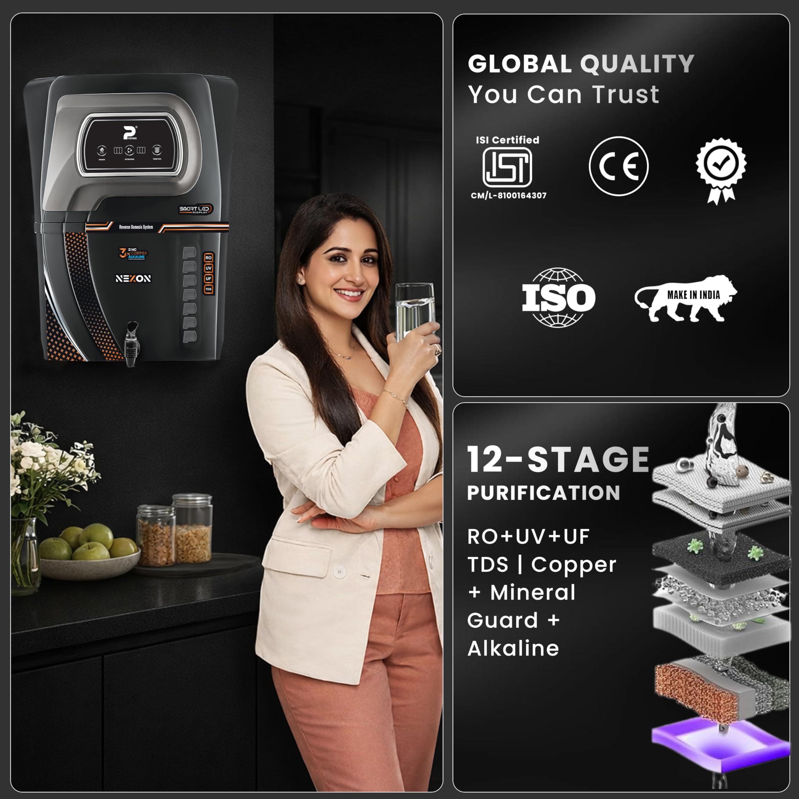 Nexon Water Purifier – RO + UV + UF with Copper, Zinc, Alkaline Technology, LED Indicators 12L Storage, TDS Adjuster, Made in India, ISI | 12 Stage Purification | 1 Year Warranty