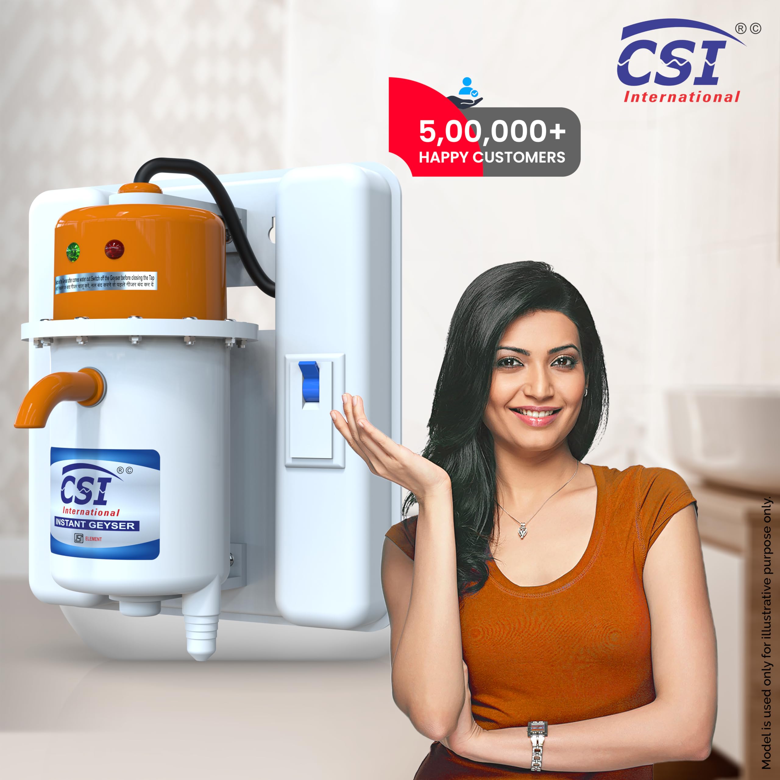 CSI INTERNATIONAL Instant Water Geyser 1 Litre Portable water Heater, Made of First Class ABS Plastic, Fitted with MCB, Auto Cut Off Feature with 1 Year Manufacturer Warranty (Orange White)
