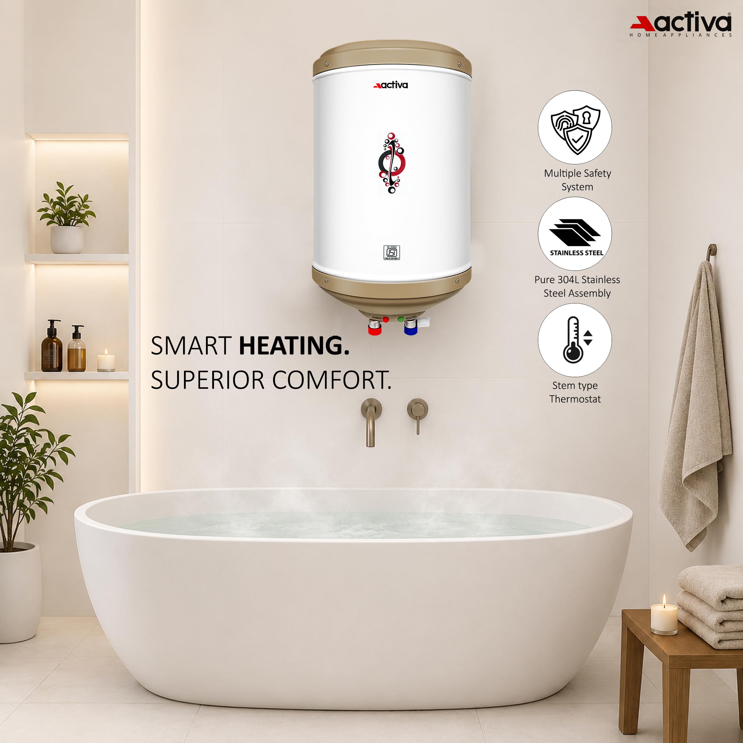 ACTIVA 10L Storage Water Heater Geyser | 3kW ISI Copper Heating Element | 0.8mm Anti-Rust Coated Tank | BEE 5 Star Rated | ABS Body | Fast Heating | 5 Year Warranty | Ivory