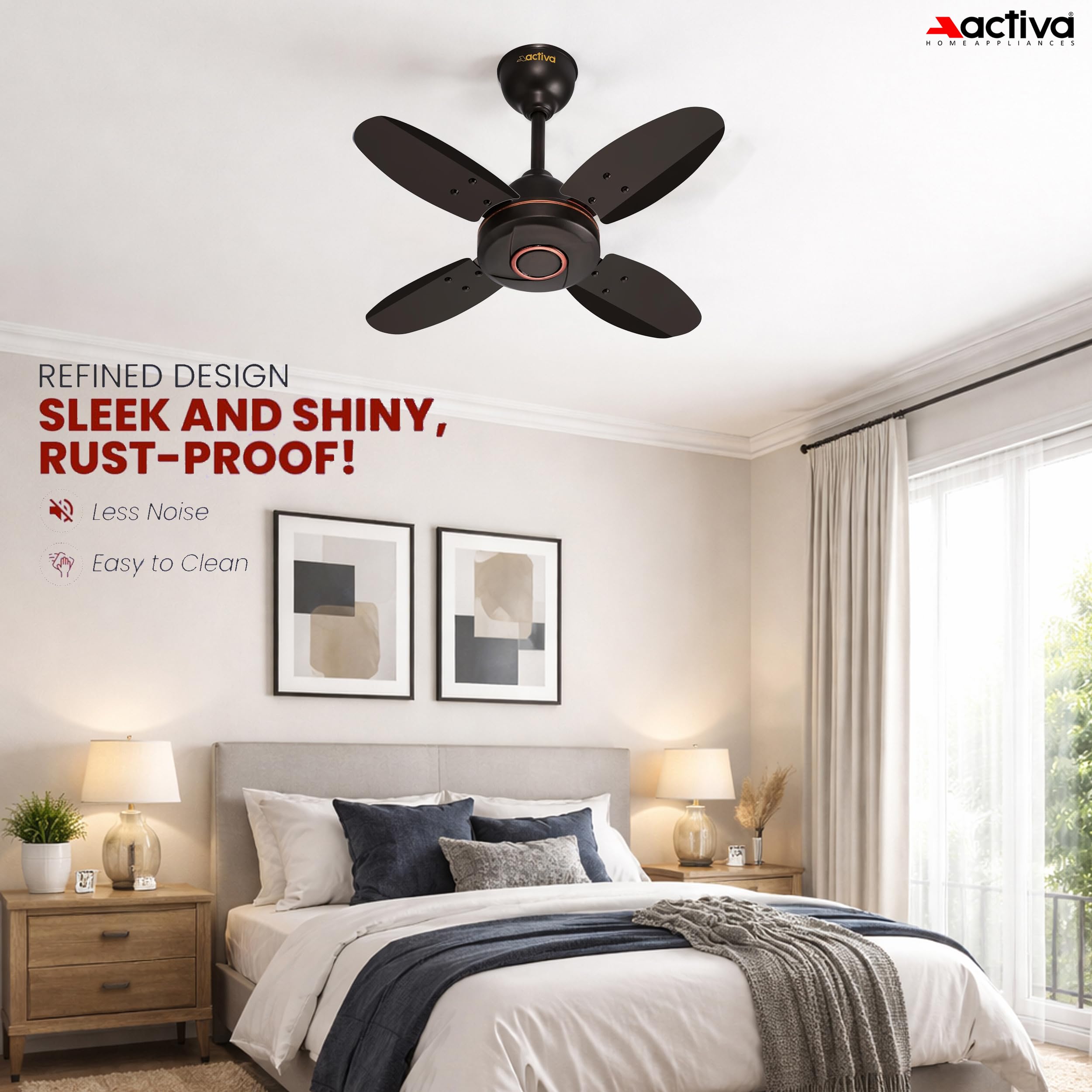 ACTIVA Ornet 600mm Ceiling Fan for Kitchen & Small Rooms | 4 Blade High Speed Fan | 850 RPM Powerful Air Delivery | Anti-Dust Coating | Energy Efficient Ceiling Fan | 2 Years Warranty | Smoke Brown