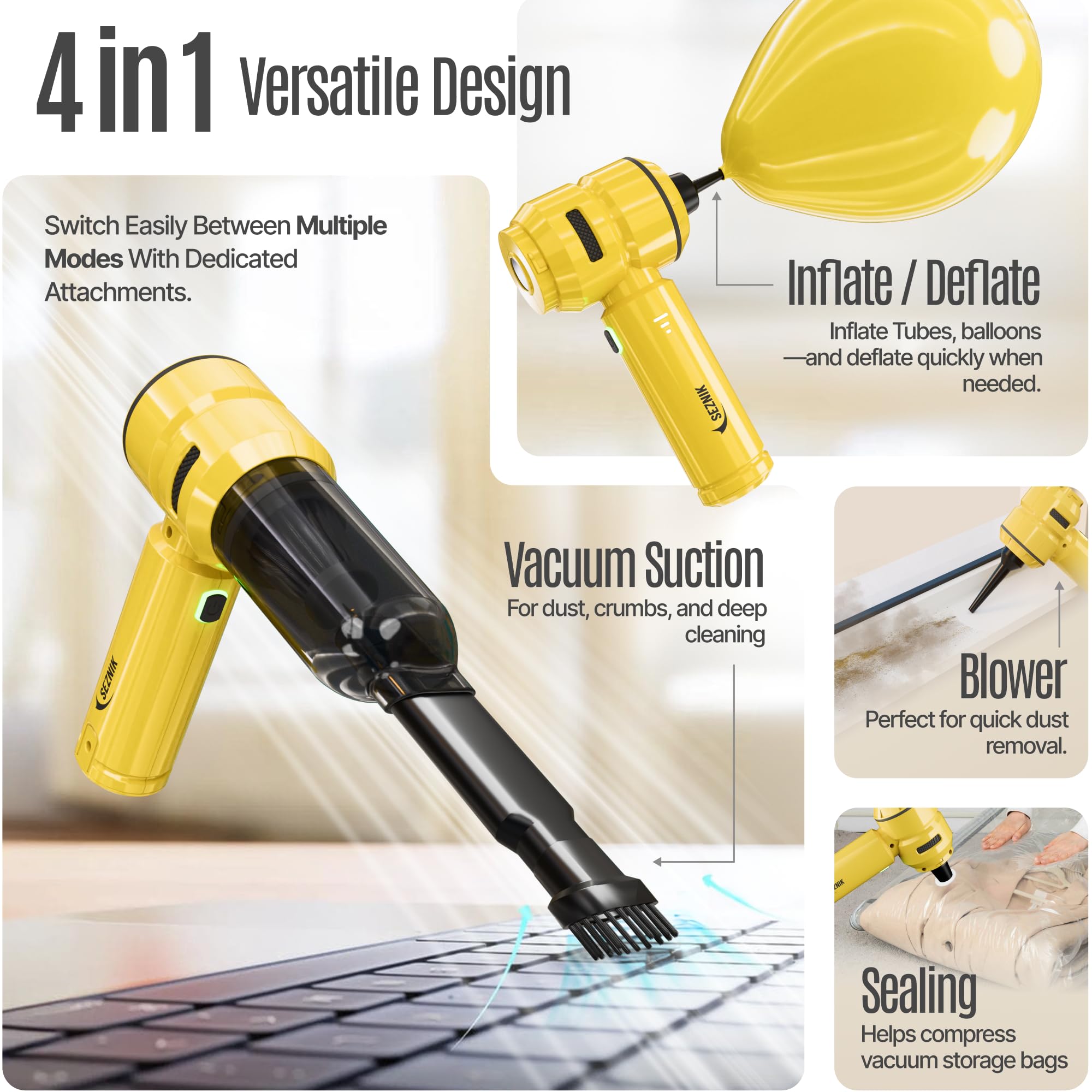 SEZNIK Vacuum Cleaner for Home Use | Car Use | 4 in 1 Cordless Vacuum Cleaner & Blower | Rechargeable 6000mAh | 3 Speed Suction Upto 15000PA | BLDC Motor | Clean Sofa, Curtains, More | 1 Year Warranty