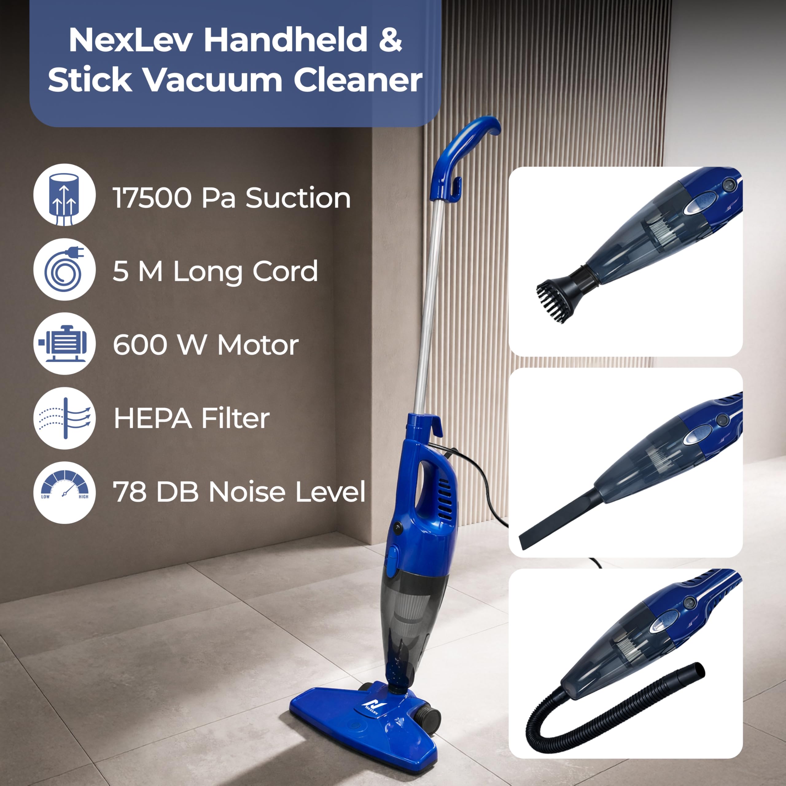 Stick Vacuum Cleaner For House | Stick Vacuum Cleaners 17500PA Suction | 2 in 1 Handheld & Stick Design | Washable HEPA Filter | Bagless Dry Vacuum Cleaner for Home, Sofa, Bed & Office | VC-01
