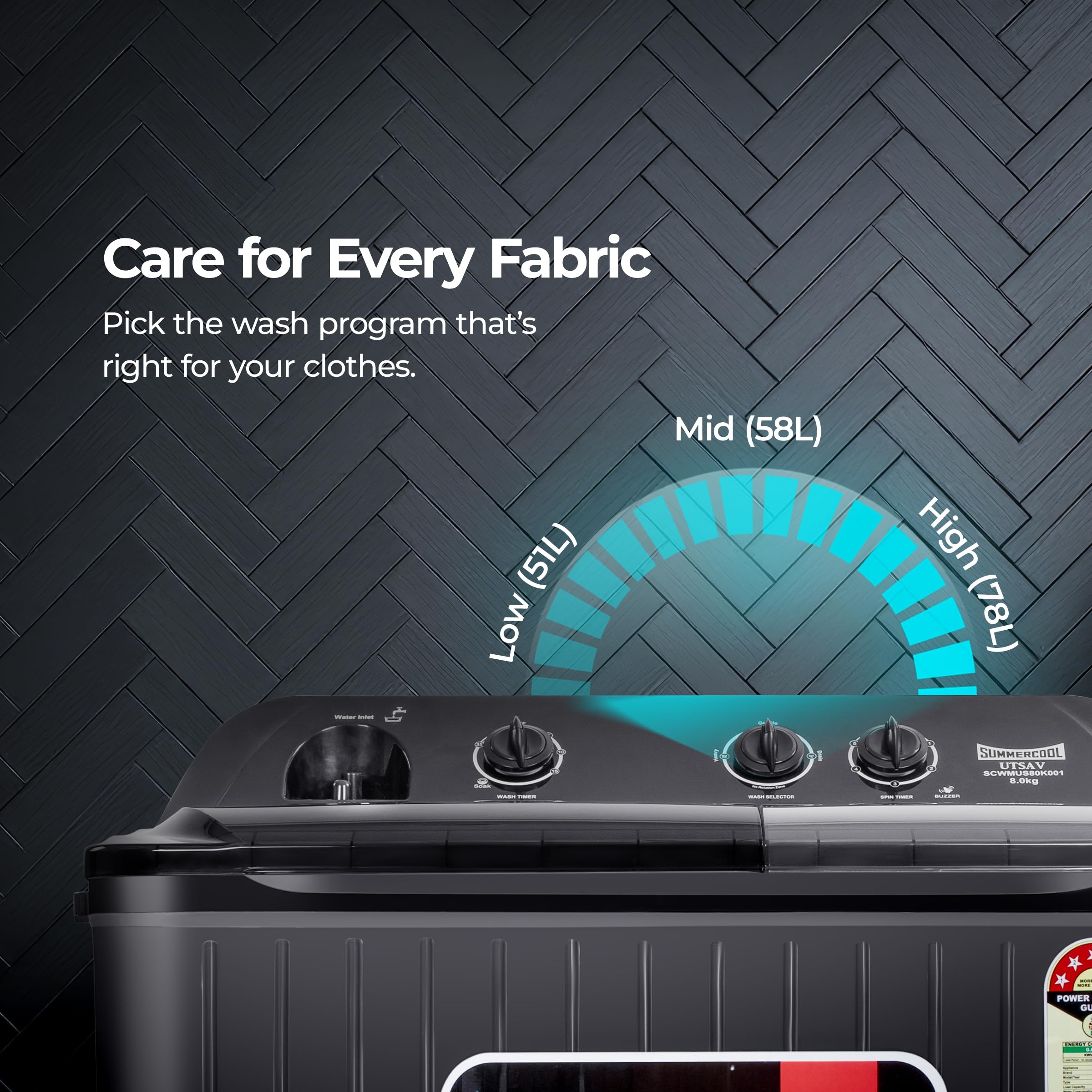 SUMMERCOOL Utsav 8.0 kg 5 Star Semi-Automatic top loading Washing Machine | Powerful Motor | Active Foam System | Effective Wash Pulsator | 5 Years Warranty on wash Motor | Black | 8.0 KG Wash