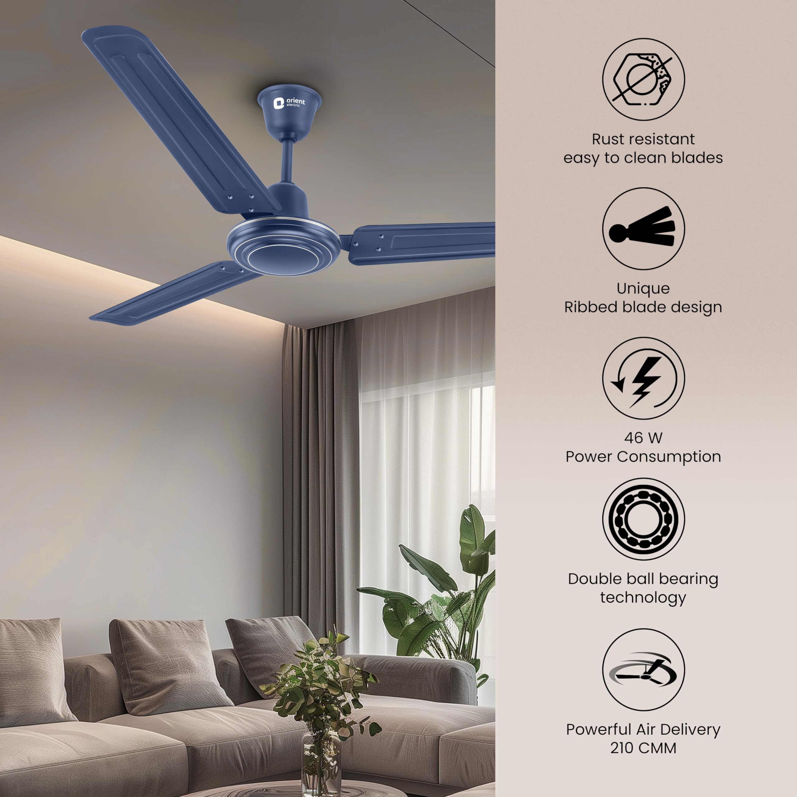 Orient Electric Apex-FX 1200mm Ceiling Fan for Home| BEE 1 Star Rated Energy Efficient Fan| Rust Resistant | Strong and Powerful Motor | 2 Years Warranty by Orient | Blue - Pack of 1